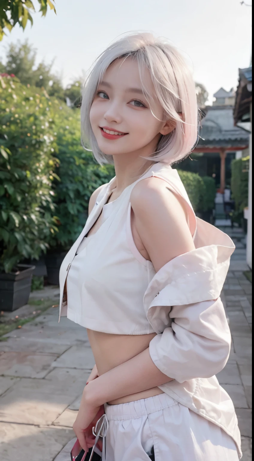 Best image quality、RAW Photos、超A high resolution、21 years old Korean、Small breasts、Dynamic Angle、Cowboy Shot、Chaos in its most beautiful form、elegant、brutalism design、Vibrant colors、Beautiful white hair、Short Bob、smile、fun、smile、Glowing White Skin、Beautiful eyes with random colors、Very thin lips、Beautiful eyes in every detail、length, Narrow eyes、Cheeks are pale pink、length eyelashes、Beautiful double eyelids、eye shadow、Bright white hair、Crop top、Black down jacket、Harem pants、hand、garden、Shooting from the side、Full Body Shot