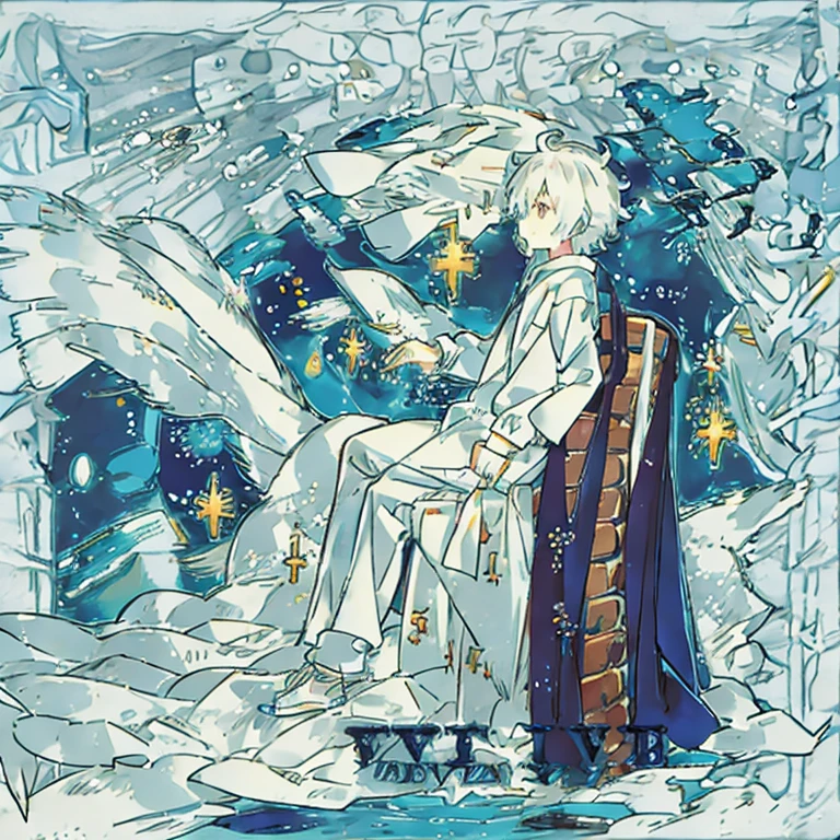 Calm boy with fluffy white hair