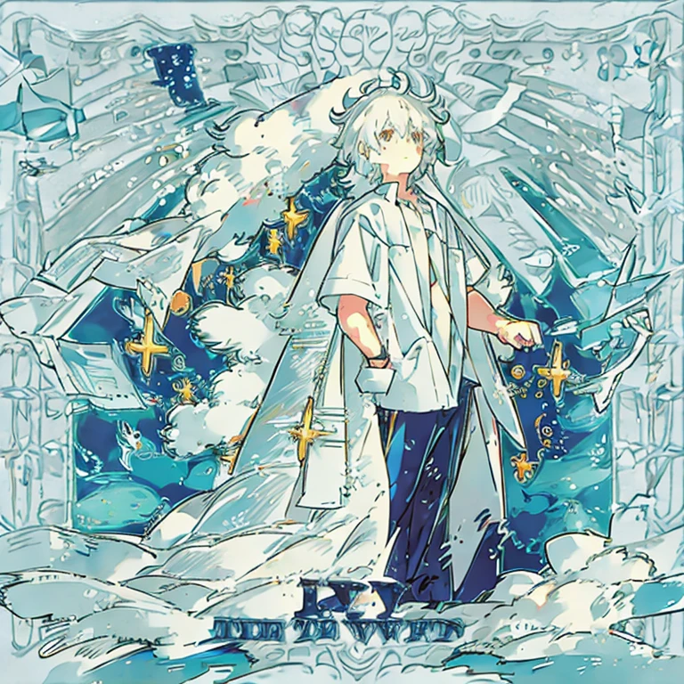 Calm boy with fluffy white hair