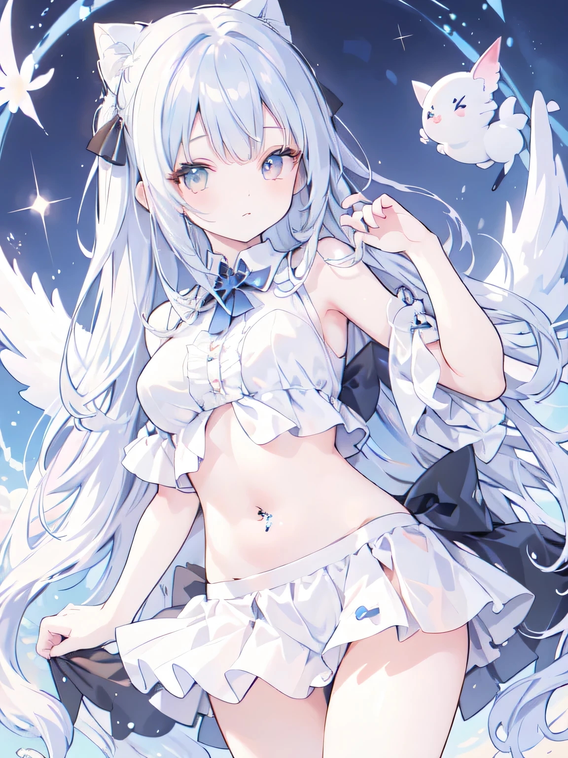 ((best quality)), (Ultra Detailed), ((Extremely detailed)), (fair), ((Kawaii girl)), ((Ultra HD)), (masterpiece), (high quality), (best quality), (4K), (high quality), (1 girl),Parted bangs, ((Hair intake)), Long hair,(Random Hairstyle), Big Breasts, slim body, (Transparent fabric),Succubus, Normal arm ,miniskirt ,Exposing underwear,Exposing the belly,Belly tattoo,Starry Sky