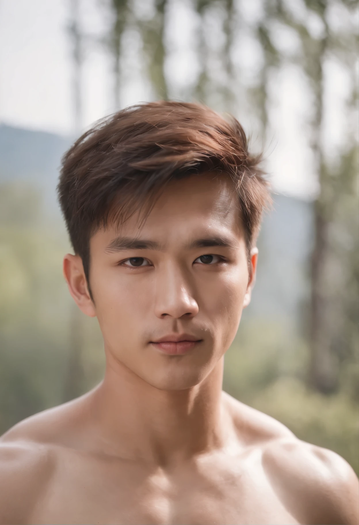 25 year old Asian muscular boy with short brown hair, shirtless, half body shot
