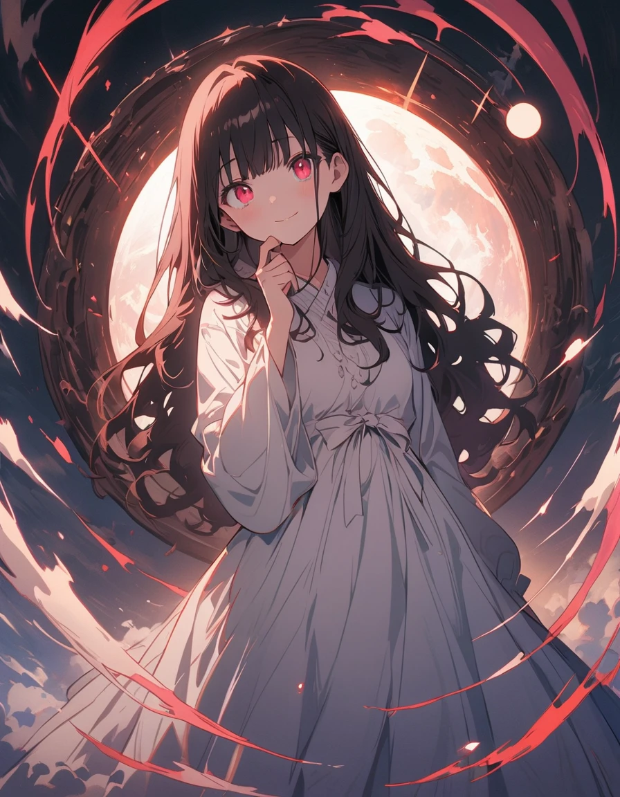 (masterpiece),(highest quality), figure, (Fantasy:1.4), Brown long hair, Long eyelashes, Round eyes, A light smile, Surrealism, Cast a Shadow, Anaglyph, Stereogram, Atmospheric perspective, 8k, Super Detail, Accurate, highest quality, 超High resolution, Textured skin, Long dress, moon, Flowers , paper_cut、(highest quality、masterpiece、High resolution、detailed)、animeスタイル、Flat Style、(Shining Eyes、detailed美しい顔), BREAK,1 girl、extremely detailed(The Shining), Best lighting, Best Shadow、floating, (High saturation),Dynamic Angle、anime