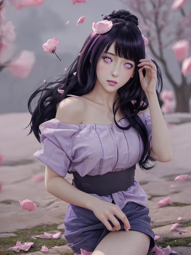 masterpiece, best quality, 1girl, looking at viewer, hinata\(shippuden\), parted lips, wind lift, bottomless, purple fabric ,blue black hair, long hair, white eyes, solid eyes, masterpiece, absurdres, hinata\(boruto\), 1girl, solo,mature female, off-shoulder oversized shirt, looking at viewer, (falling petals), perfect composition, detailed lips, beautiful face, body propotion, blush, (pink lips), long hair,  purple eyes,  soft gaze, perfect finger,,  super realistic, detailed, photoshoot, realistic face and body.