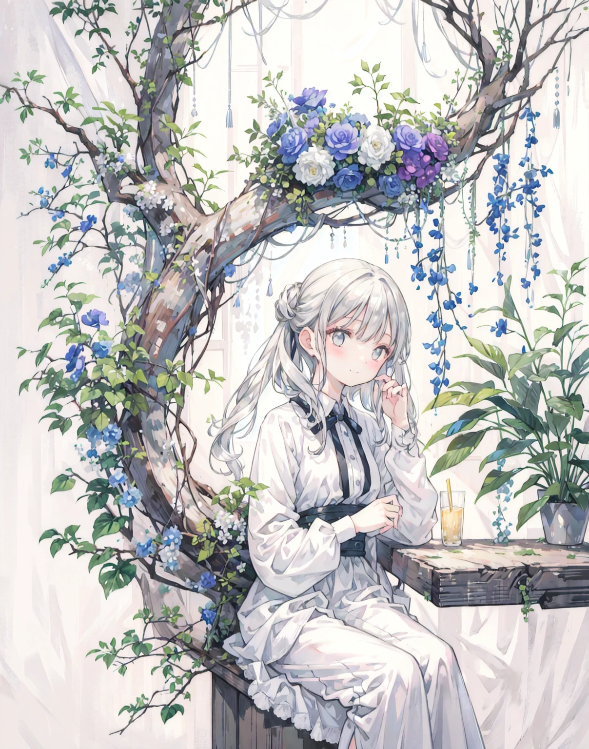 natural lighting, gentle smile, upturned cheeks, slightly shining silver gray hair, coquettish hair, half up do, silky luster, plants, flowers, spring ephemerals, 