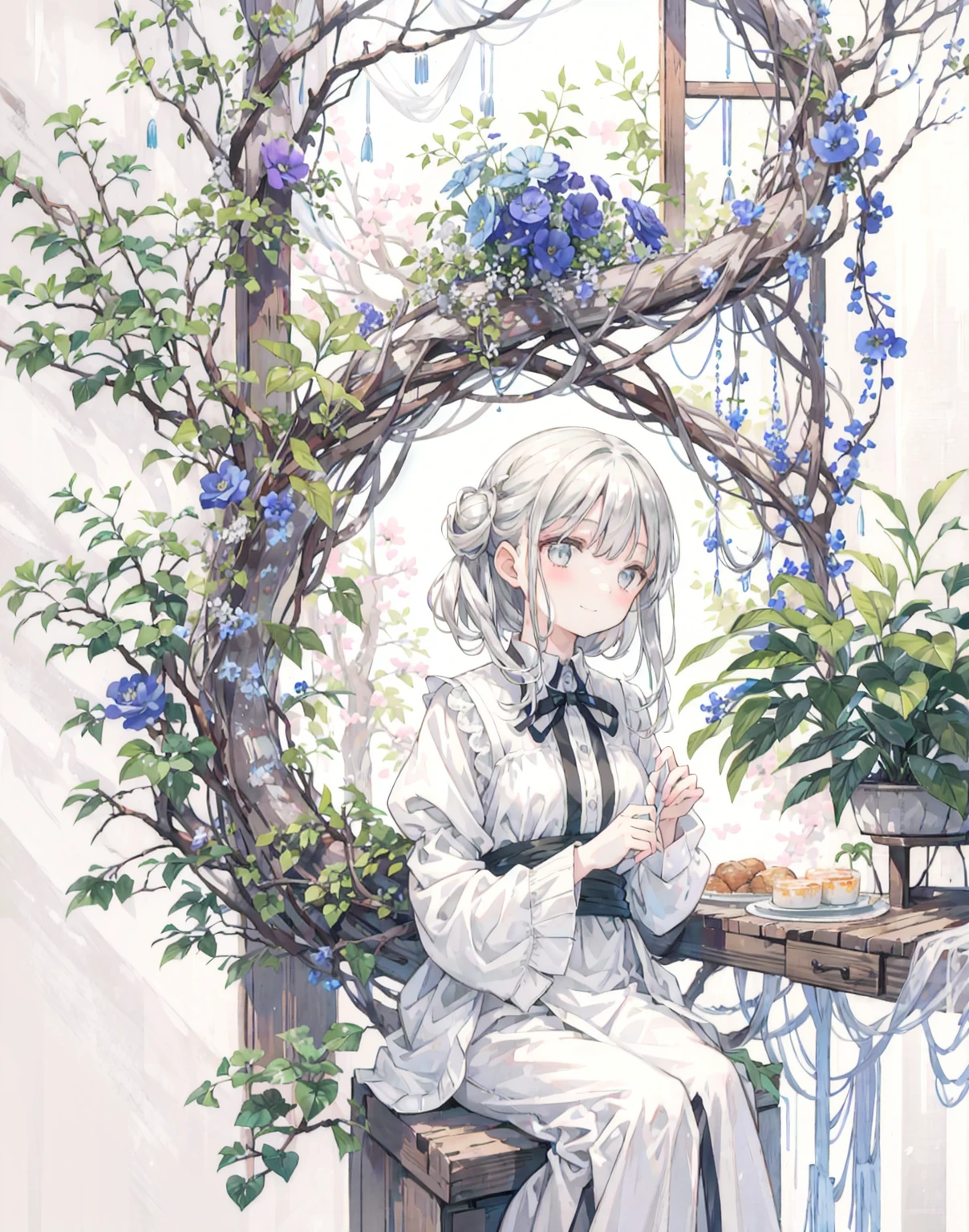 natural lighting, gentle smile, upturned cheeks, slightly shining silver gray hair, coquettish hair, half up do, silky luster, plants, flowers, spring ephemerals, 