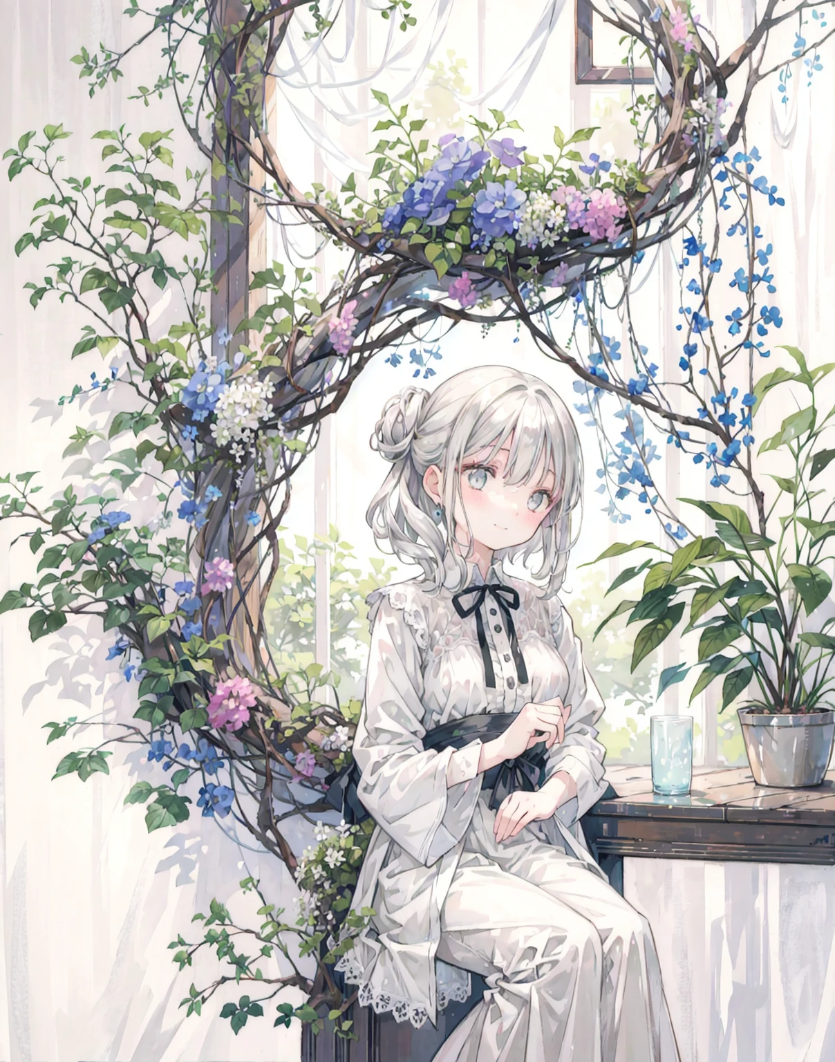 natural lighting, gentle smile, upturned cheeks, slightly shining silver gray hair, coquettish hair, half up do, silky luster, plants, flowers, spring ephemerals, 