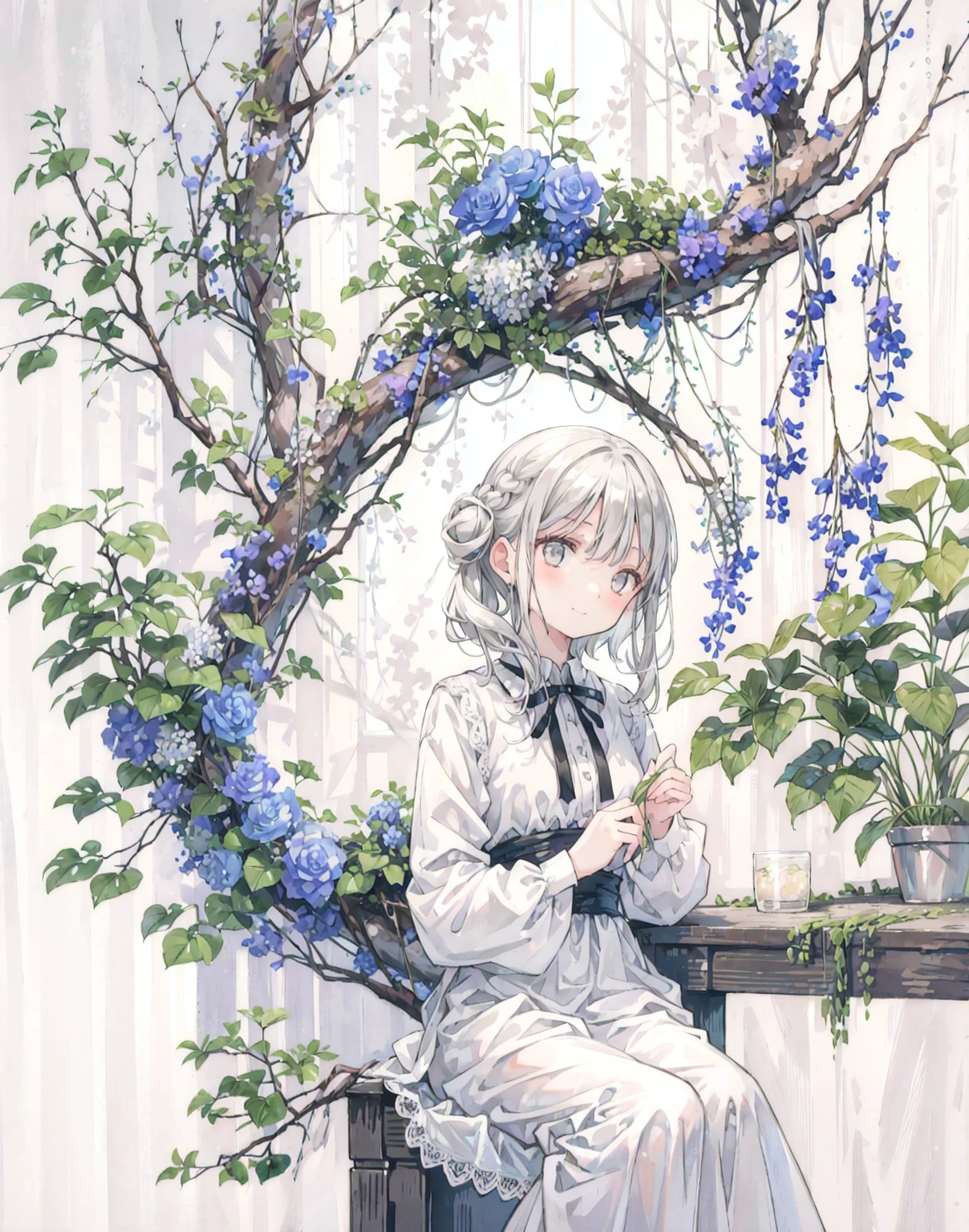 natural lighting, gentle smile, upturned cheeks, slightly shining silver gray hair, coquettish hair, half up do, silky luster, plants, flowers, spring ephemerals, 