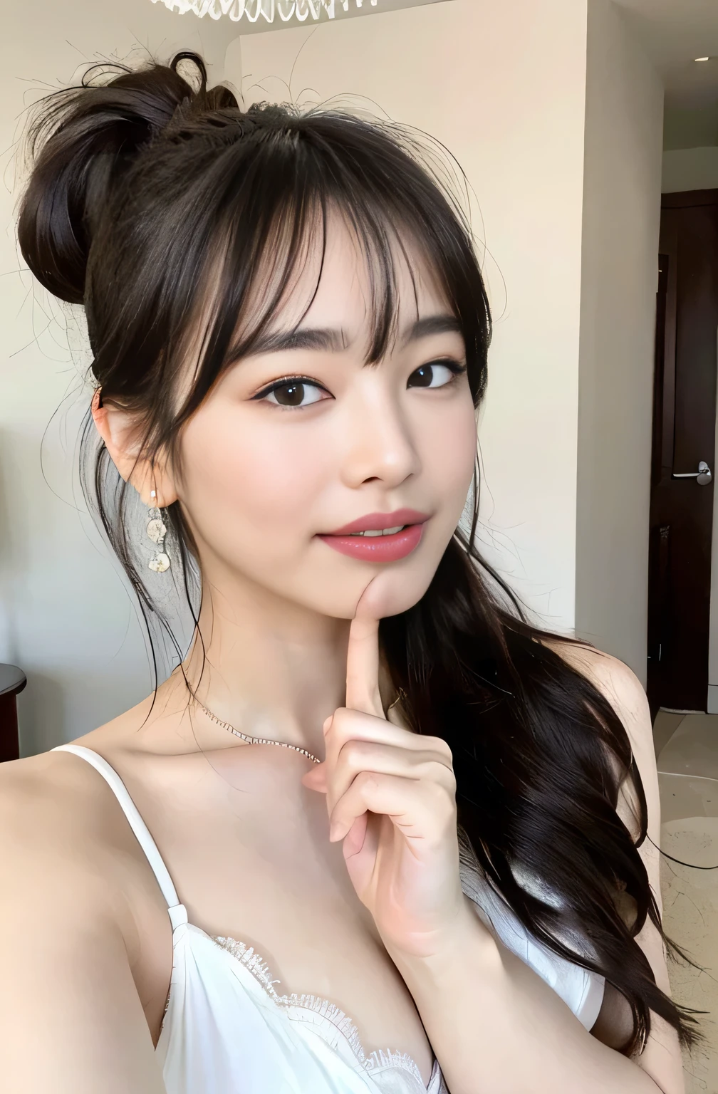 ((8k:1.27), highest quality, masterpiece, 超A high resolution:1.2)Photo Beautiful Japan woman(Comfortable:1.1) grace, good, Gradient lighting, One Girl, Delicate skin, Look at this, Brown eyes, (Short hair with bangs:1.2), (Large breasts:1.0), (middle breast wheel:0.8), (Realistic:1.4), (highest quality:1.0), (超A high resolution:1.0), 8k, Raw photo, (masterpiece:0.2), (Purelos Face_v1:0.5),  All Overprint Contrast Colors Dresulti Colors, Red-brown, What can I do for you?, Staring at this, Cocktail, theme, Tilt, Look at this, I&#39;m a little drunk, 

22 years old, 1 person, ((Beautiful announcer,A kind smile:1.2)),

((Gorgeous Earrings, Long Necklace:1.2)), 
((A tight-fitting satin nightgown with purple glitter, Layering, cleavage wide open:1.2)),
((sitting on a large sofa with one&#39;s legs stretched out, Open your legs a little:1.5)),
(Full body image from thigh, Pay attention to the beautiful thighs:1.2), 

((Sexy atmosphere, Naughty pose, Kissing Mouth, hold out your lips, Close your eyes, Point slightly upwards, Embarrassed:1.2)),
((Putting semen on the chest:1.5)),

((Luxurious bedroom in a luxury hotel, Big white bed, White wall, chandelier)),
((You can see a beautiful night view from the large windows.:1.2)), 


Realistic skin texture, Fair skin, Shiny skin, Beautiful skin on legs, 
Highly detailed face, Slim face contour, Beautiful small face, Beautiful Nose, 
Ultra-detailed eyes, Slit eyes, Brown eyes, double eyelid, Ultra-thin eyebrows, Thin, long eyelashes, 
Ultra-detailed lips, Plump and moisturized lips, Glossy pink lips, Flushed Cheeks, ((White beautiful teeth)), 
Beautiful actress&#39;s languid make-up, Pink lipstick, Smoky eyeshadow, Eye foundation, 
Dark Brown Hair, Delicate soft hair, Hair blowing in the wind, 
(Elegantly putting your hair up, Medium Short Hair, ponytail:1.2), 
Layered Cut, (Blunt bangs:1.2), 
((Open your mouth a little, Stick out your tongue a little)), Looking into the camera, 


((Raise your face slightly)),
((Squinting)), 
((pursing lips:1.2)),
((Blushing:1.2)),