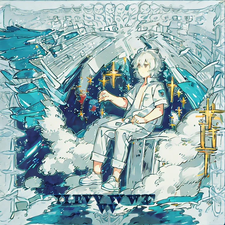Calm boy with fluffy white hair
