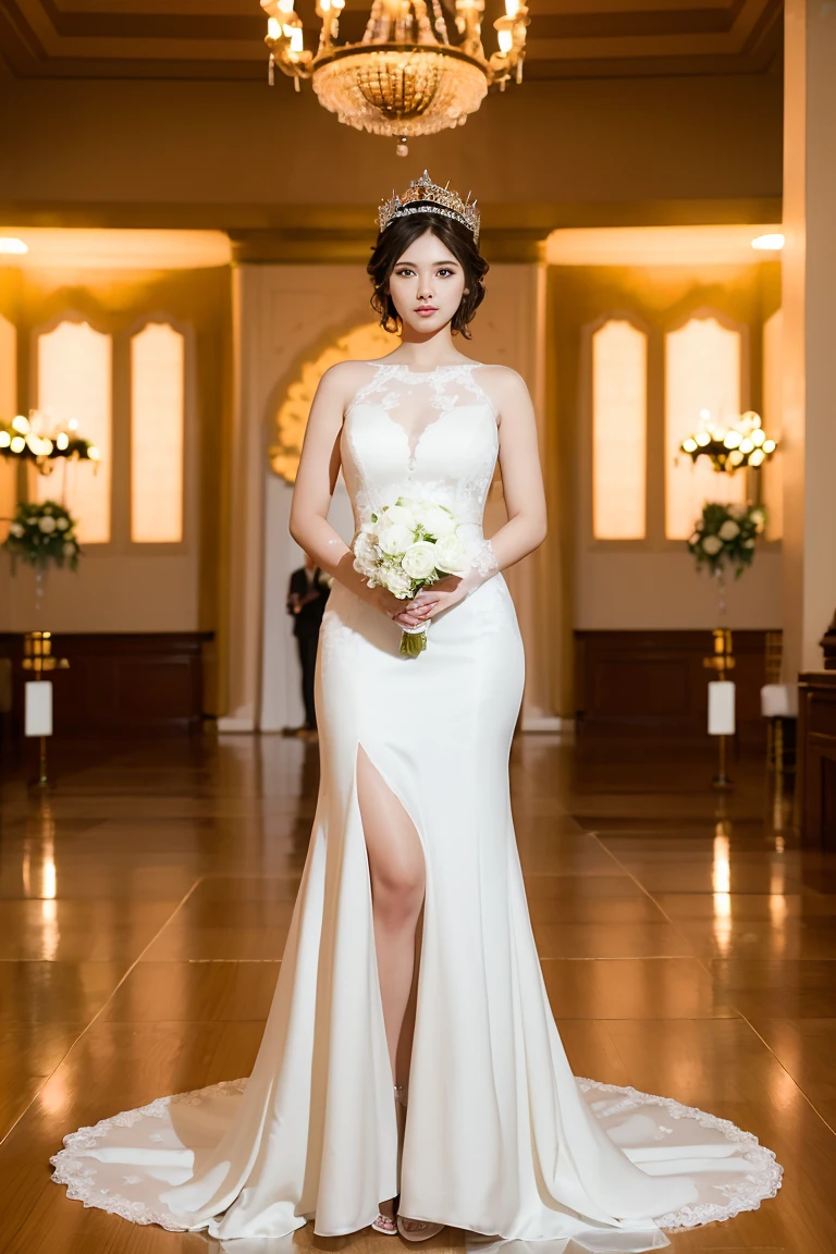 ((girl in perfect body shape)), ((at wedding hall)), ((Bobhair cut)), ((top-quality)), RAW , ((masterpiece)) , (fujifilm), 16k , (Photorealism), ((beautiful bride)), ((wearing bride crown)) , ((low shot)), ((distant shot)),((facing towards the viewers)), ((full body shot))
