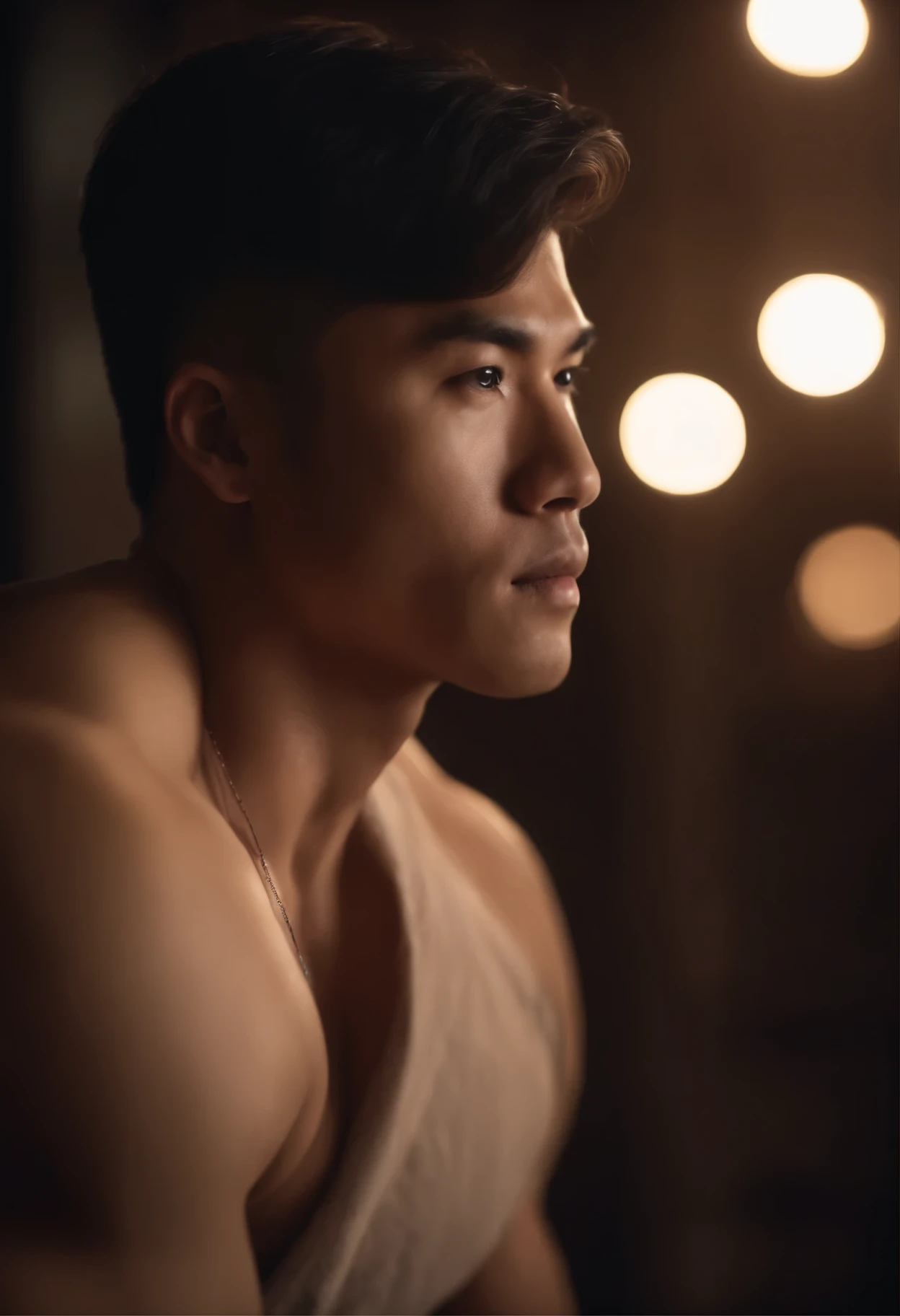 25 year old Asian muscular boy with short brown hair, shirtless