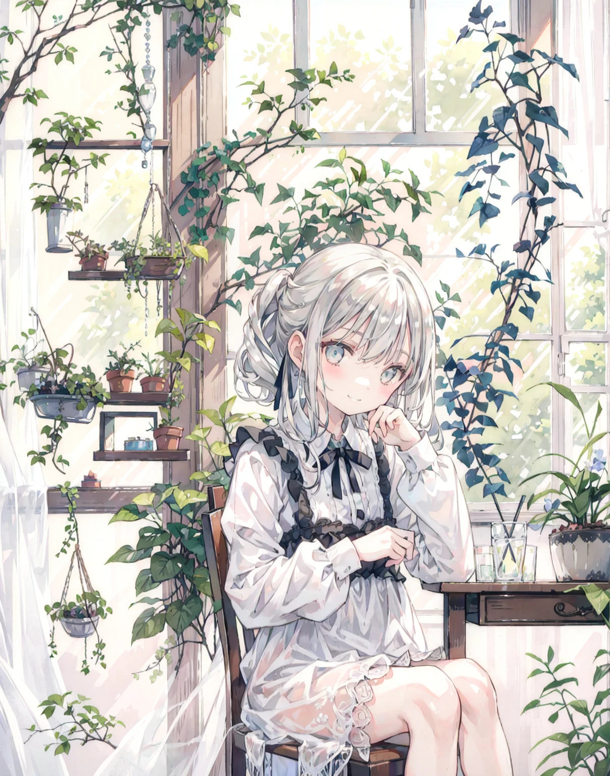 natural lighting, by the window, siting on chair, gentle smile, seductive grin, upturned cheeks, slightly shining silver gray hair, coquettish hair, half up do,   doll, silky gloss, plants, 