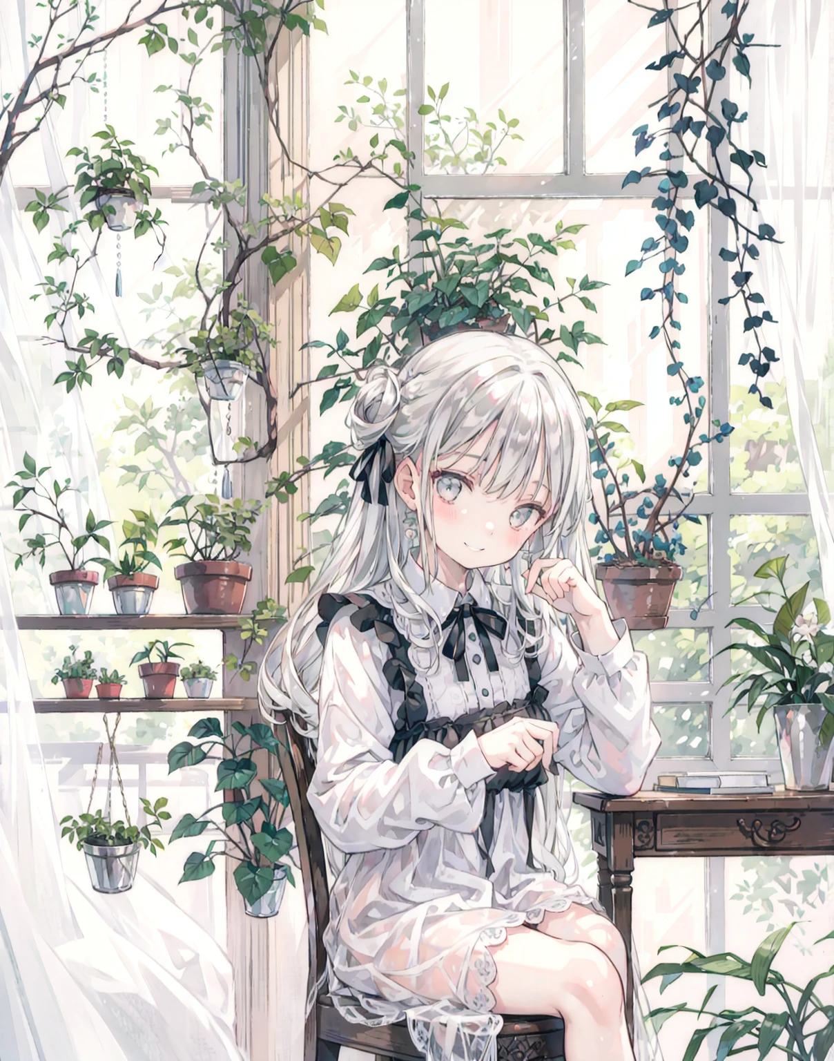 natural lighting, by the window, siting on chair, gentle smile, seductive grin, upturned cheeks, slightly shining silver gray hair, coquettish hair, half up do,   doll, silky gloss, plants, 