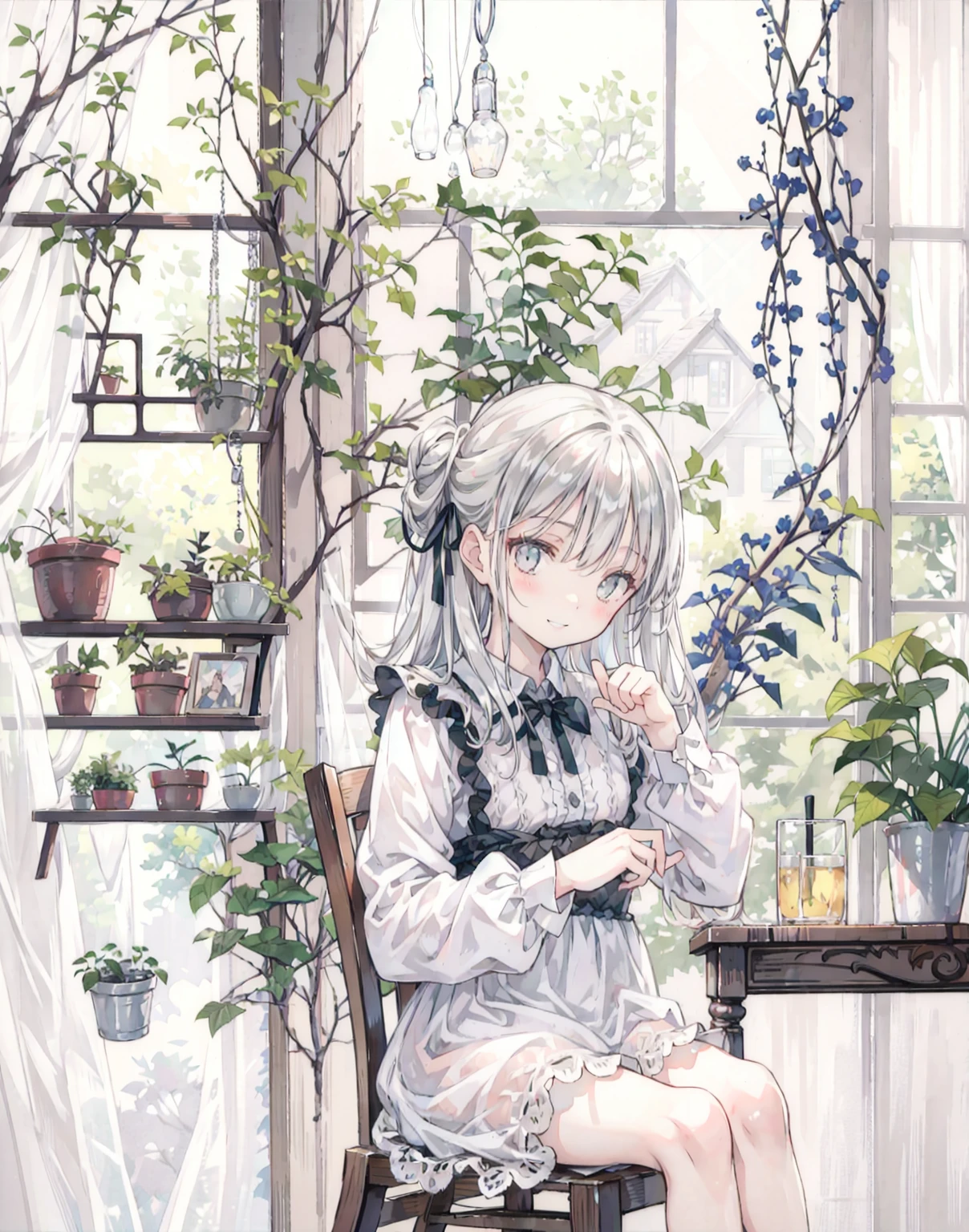 natural lighting, by the window, siting on chair, gentle smile, seductive grin, upturned cheeks, slightly shining silver gray hair, coquettish hair, half up do,  baby doll, silky gloss, plants, 