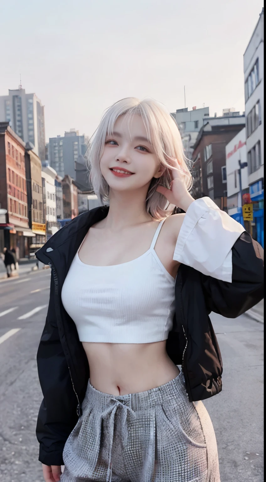 Best image quality、RAW Photos、超A high resolution、21 years old Korean、Small breasts、Dynamic Angle、Cowboy Shot、Chaos in its most beautiful form、elegant、brutalism design、Vibrant colors、Beautiful white hair、Short Bob、smile、fun、smile、Glowing White Skin、Beautiful eyes with random colors、Very thin lips、Beautiful eyes in every detail、length, Narrow eyes、Cheeks are pale pink、length eyelashes、Beautiful double eyelids、eye shadow、Bright white hair、Crop top、Black down jacket、Harem pants、hand、city、Shooting from the side、Full Body Shot