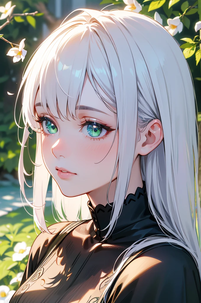 (best quality,4k,8k,highres,masterpiece:1.2),ultra-detailed,(realistic,photorealistic,photo-realistic:1.37),portraits,hdr,studio lighting,sharp focus,vivid colors,bokeh,beautiful detailed eyes,beautiful detailed lips,extremely detailed eyes and face,longeyelashes,white hair,sparkly green eyes,black dress,pale skin,delicate features,pensive expression,standing in a vibrant garden,flowers blooming in various colors,soft sunlight filtering through the leaves,dappled lights and shadows,subtle breeze gently swaying her hair,graceful posture,looking off into the distance,dreamy and ethereal atmosphere
