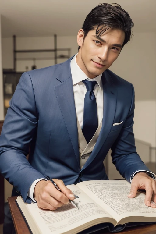 (absurd, high resolution, Ultra Detailed, Practical, ), 1 male, Solitary, , Mature, Tall muscular man, Broad shoulders, Handsome, Very short hair, Black Hair, Brown eyes, Angle jaw, Thick neck, thick eyebrows, night, dark, In the room, formal suit, dark blue tie, Upper Body、Smile、