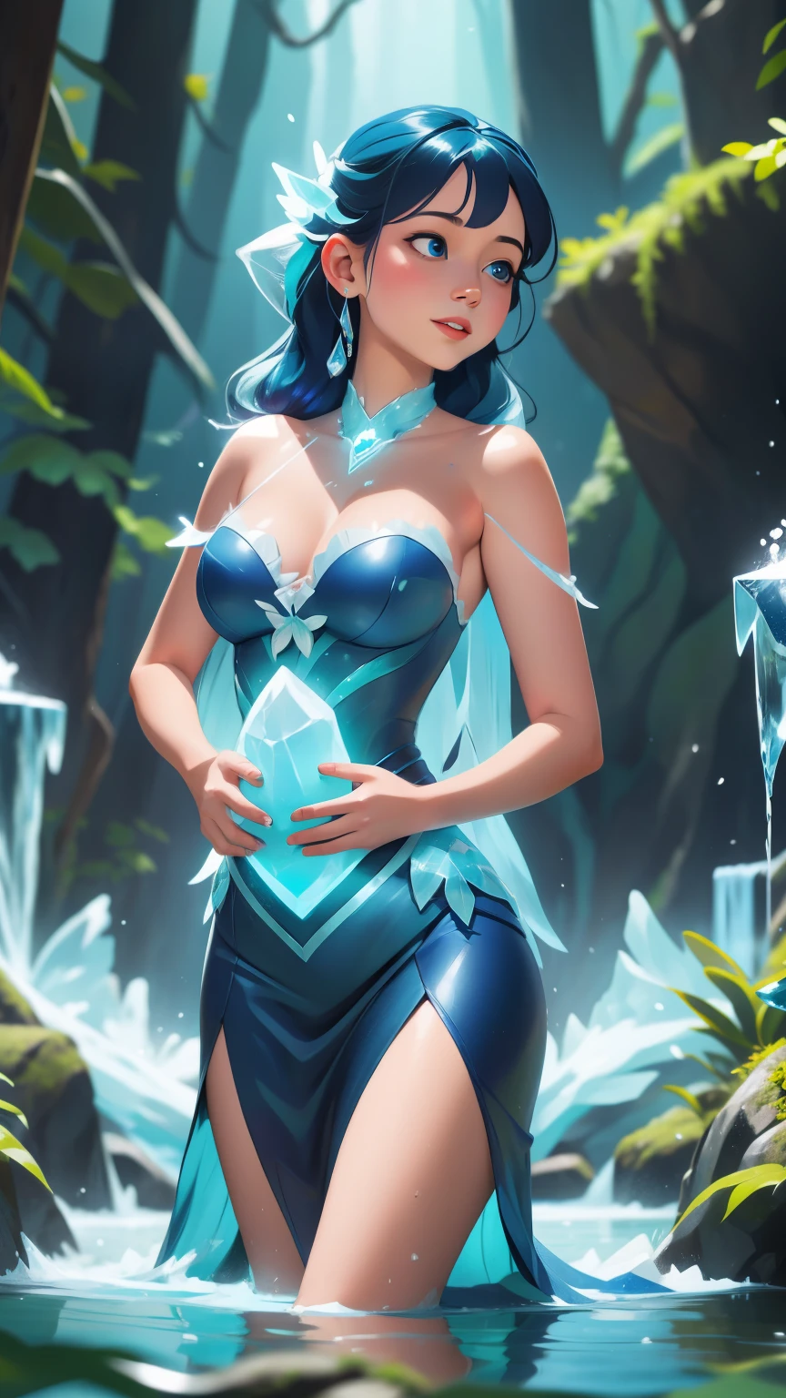 a painting of a woman with blue hair and a blue dress, luminous water elemental, iridescence water elemental, ice sorceress, asian female water elemental, beautiful ancient frost witch, ethereal!!!!!!!, water elemental, ethereal essence, ethereal skin, glowing aura around her, ethereal!!!, ethereal aura, /!\ the sorceress