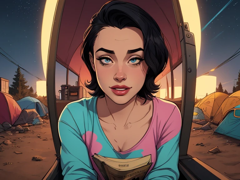 VeronicaCipher portrait mode Cartoon style digital illustration GTA style ((tronco selfie, feliz)), obra de arte, melhor qualidade, ultra-detalhado, Sozinho, ao ar livre, (noite), montanhas, natureza, (estrelas, lua) Alegre, feliz, mochila, saco de dormir, camping stove, garrafa de agua, botas de montanha, luvas, sweater, tem, lanterna, floresta, pedras, rio, madeira, smoke, Sombras, contraste, clear sky, analog style (olhe para o visualizador:1.2) (textura da pele) (film grain:1.3), (tom quente, tom quente) :1.2), fechar-se, Cinematic Light, side lighting, ultra high resolution, melhor sombra, CRU, tronco, , wearing kodak vision 3 pullover,style Cartoon style digital illustration GTA style portrait mode Character woman atompunk style Fallout 4 black hair actress Ella Purnell with battle marks Cartoon image of a woman .Ilustracaoo estilo desenho animado, estilo de arte dos desenhos animados, estilo de arte dos desenhos animados, digital illustration style, estilo atompunk design de personagens altamente detalhado, arte digital detalhada coragem,actress Ella Purnell Forest fan art, Design de cabelos pretos personagens de retrato, beautiful digital illustration, retrato de alta qualidade, Arte em quadrinhos, mulher jovem cabelo com transas lindas . Eyelined eyes Medium large bust and wonderful sexy clothes. image expression of sexual desire from waist to head illustration atompunk style Fallout 4 The perspective is from below, enfatizando a majestade e o poder da Gigante."atriz Ella Purnell cabelos pretos uma mulher de