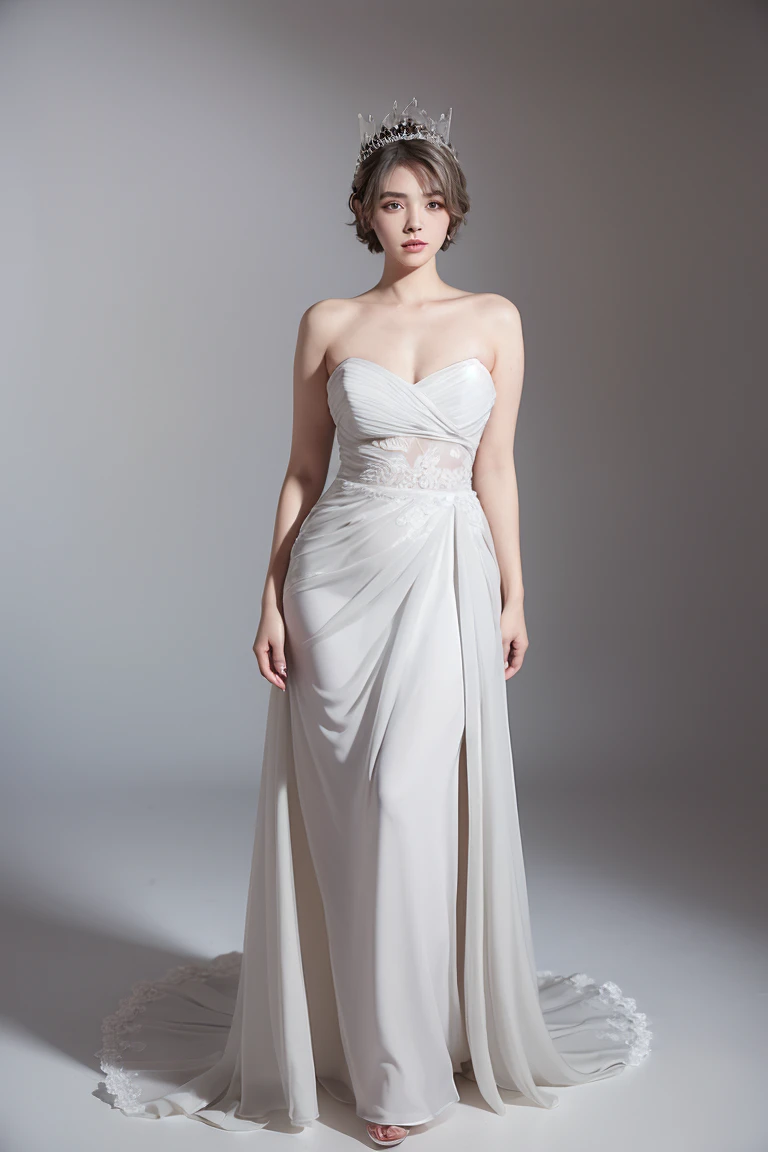 ((girl in perfect body shape)), ((grey background)), ((Bobhair cut)), ((top-quality)), RAW , ((masterpiece)) , (fujifilm), 16k , (Photorealism),  ((beautiful bride)), ((wearing bride crown)) , ((low shot)), ((distant shot)),((facing towards the viewers)), ((full body shot))
