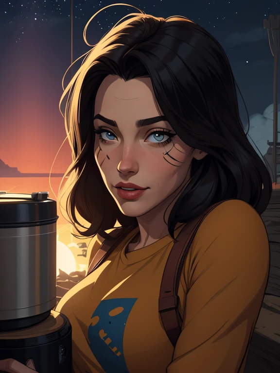 VeronicaCipher portrait mode Cartoon style digital illustration GTA style ((tronco selfie, feliz)), obra de arte, melhor qualidade, ultra-detalhado, Sozinho, ao ar livre, (noite), montanhas, natureza, (estrelas, lua) Alegre, feliz, mochila, saco de dormir, camping stove, garrafa de agua, botas de montanha, luvas, sweater, tem, lanterna, floresta, pedras, rio, madeira, smoke, Sombras, contraste, clear sky, analog style (olhe para o visualizador:1.2) (textura da pele) (film grain:1.3), (tom quente, tom quente) :1.2), fechar-se, Cinematic Light, side lighting, ultra high resolution, melhor sombra, CRU, tronco, , wearing kodak vision 3 pullover,style Cartoon style digital illustration GTA style portrait mode Character woman atompunk style Fallout 4 black hair actress Ella Purnell with battle marks Cartoon image of a woman .Ilustracaoo estilo desenho animado, estilo de arte dos desenhos animados, estilo de arte dos desenhos animados, digital illustration style, estilo atompunk design de personagens altamente detalhado, arte digital detalhada coragem,actress Ella Purnell Forest fan art, Design de cabelos pretos personagens de retrato, beautiful digital illustration, retrato de alta qualidade, Arte em quadrinhos, mulher jovem cabelo com transas lindas . Eyelined eyes Medium large bust and wonderful sexy clothes. image expression of sexual desire from waist to head illustration atompunk style Fallout 4 The perspective is from below, enfatizando a majestade e o poder da Gigante."atriz Ella Purnell cabelos pretos uma mulher de
