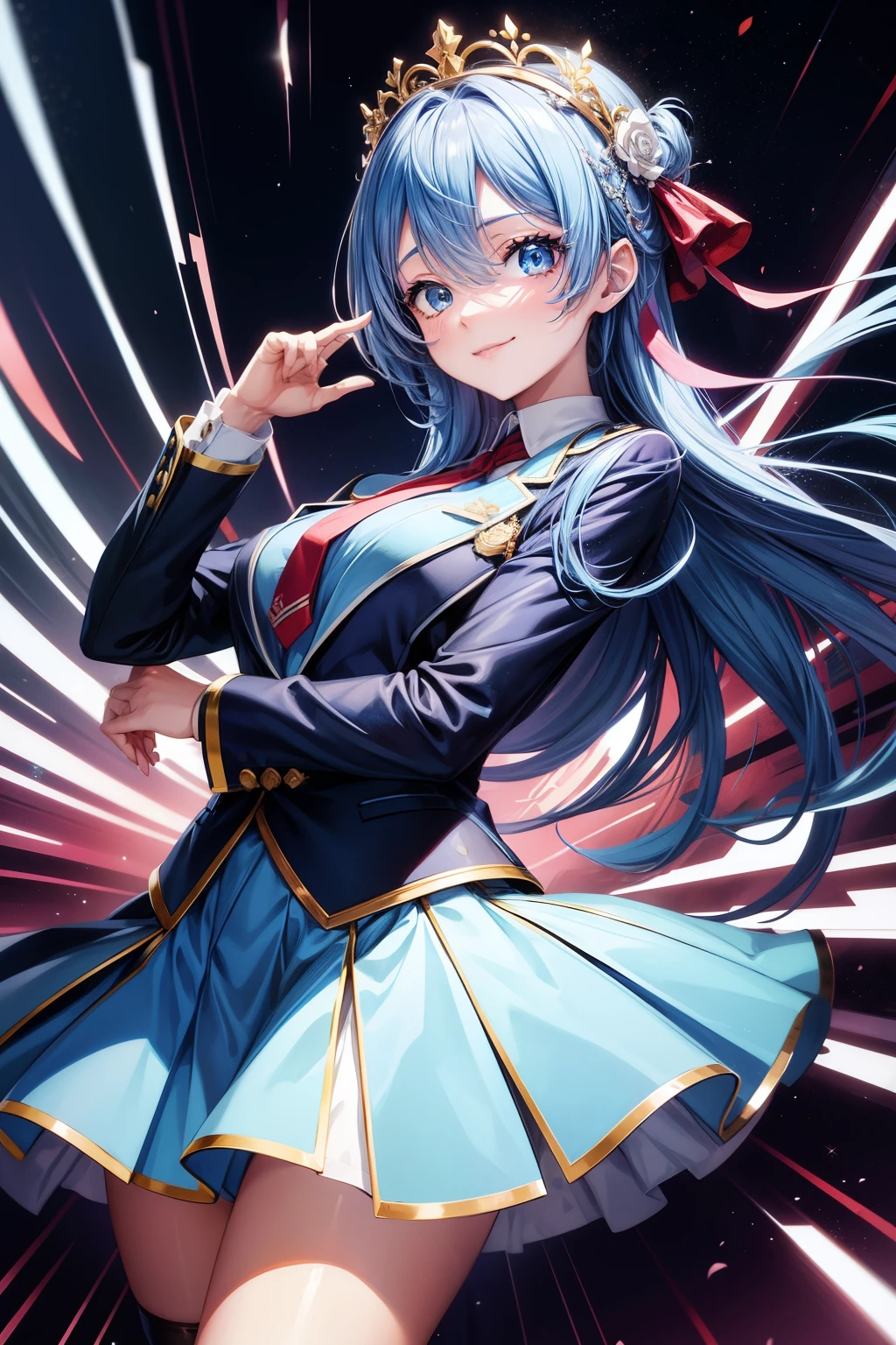 A  from the anime with blue hair, blue eyes and a sweet smile stands in the center of an illustration for Valentine's Day. She is wearing a blue skirt suit over a white shirt and a red tie with the inscription "Rem 100%". In the background, there are hearts flying around her head. Her pose shows confidence when she poses for a photo. The image is made in the style of anime screenshots