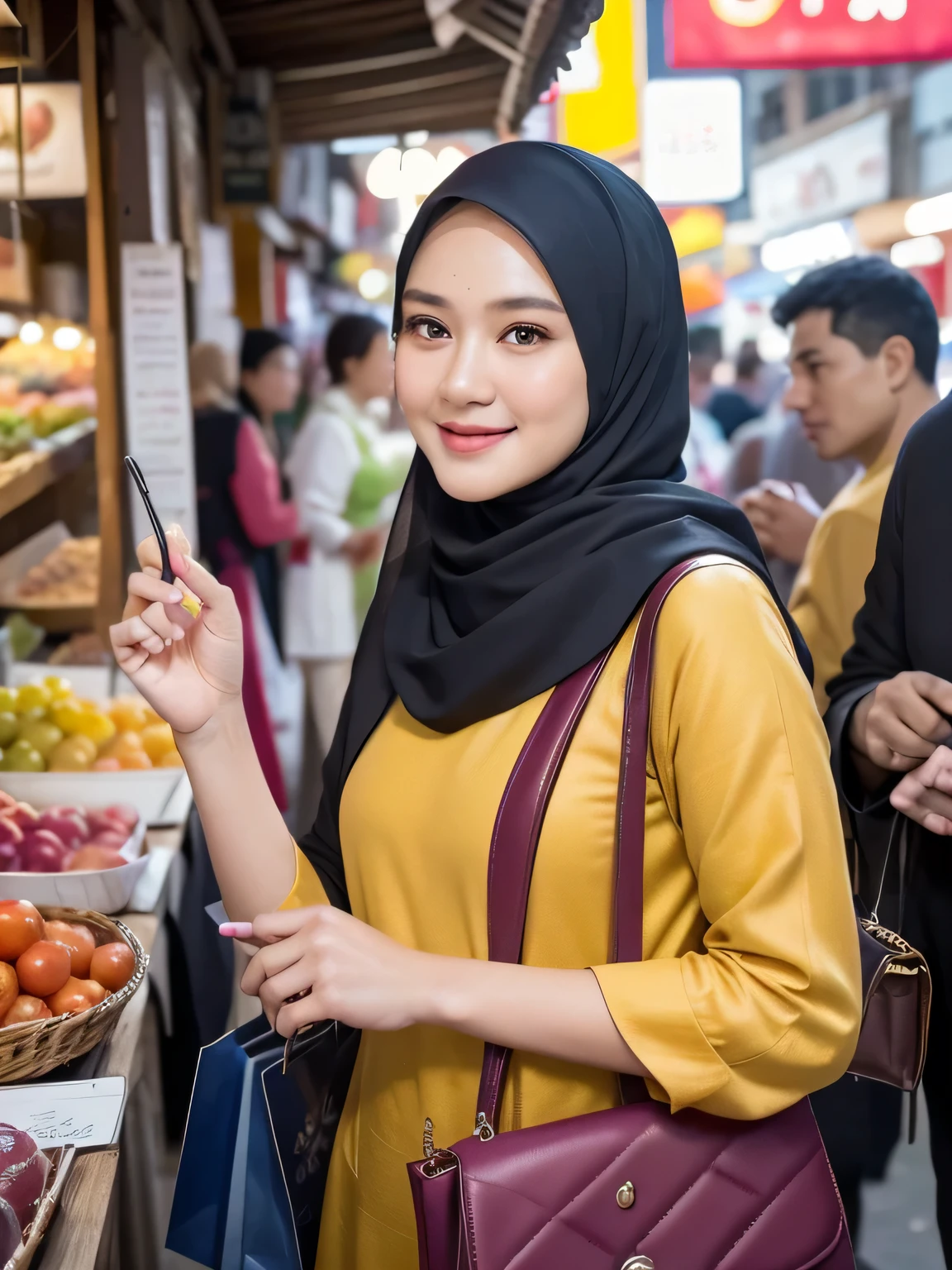 A beauty Indonesian woman with hijab, holding a handbag, shopping in the market, beautiful detailed eyes, beautiful detailed lips, extremely detailed eyes and face, long eyelashes, cheerful expression, perfect hands, handbag in hand, shopping in a vibrant market, exotic spices and colorful fruits and vegetables, atmospheric lighting, deep and warm color tones, traditional market setting, authentic and lively atmosphere, creative stall displays, interaction with friendly vendors, smiling faces, and bustling crowd, local architecture and cultural elements in the background, (best quality, 4k, 8k,highres, masterpiece:1.2), ultra-detailed, (realistic, photorealistic, photo-realistic:1.3), (full body portrait), tall background