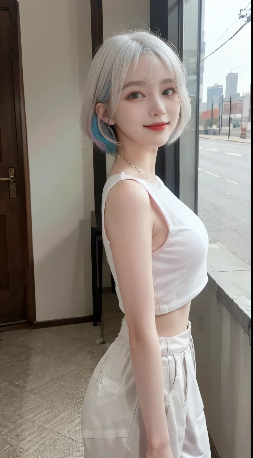 Best image quality、RAW Photos、超A high resolution、21 years old Korean、Small breasts、Dynamic Angle、Cowboy Shot、Chaos in its most beautiful form、elegant、brutalism design、Vibrant colors、Beautiful white hair、Short Bob、smile、fun、smile、Glowing White Skin、Beautiful eyes with random colors、Very thin lips、Beautiful eyes in every detail、length, Narrow eyes、Cheeks are pale pink、length eyelashes、Beautiful double eyelids、eye shadow、Bright white hair、Crop top、Overalls、Harem pants、hand、city、Shooting from the side、Full Body Shot