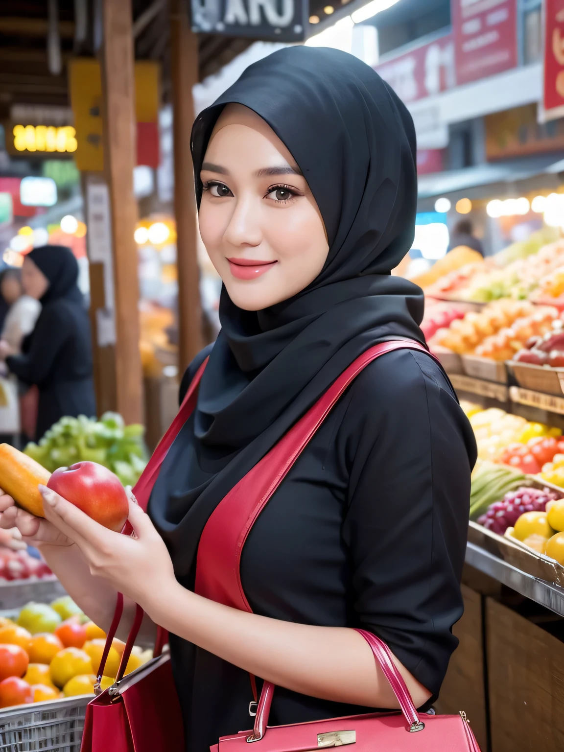 A beauty Indonesian woman with hijab, holding a handbag, shopping in the market, beautiful detailed eyes, beautiful detailed lips, extremely detailed eyes and face, long eyelashes, cheerful expression, perfect hands, handbag in hand, shopping in a vibrant market, exotic spices and colorful fruits and vegetables, atmospheric lighting, deep and warm color tones, traditional market setting, authentic and lively atmosphere, creative stall displays, interaction with friendly vendors, smiling faces, and bustling crowd, local architecture and cultural elements in the background, (best quality, 4k, 8k,highres, masterpiece:1.2), ultra-detailed, (realistic, photorealistic, photo-realistic:1.3), (full body portrait), tall background