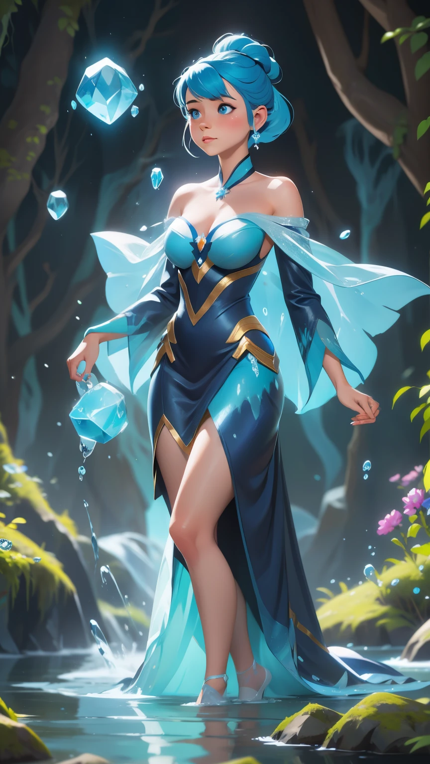 a painting of a woman with blue hair and a blue dress, an airbrush painting by Chris Rahn, Artstation, fantasy art, luminous water elemental, iridescence water elemental, ice sorceress, asian female water elemental, ethereal!!!!!!!, beautiful ancient frost witch, water elemental, ethereal essence, ethereal skin, glowing aura around her