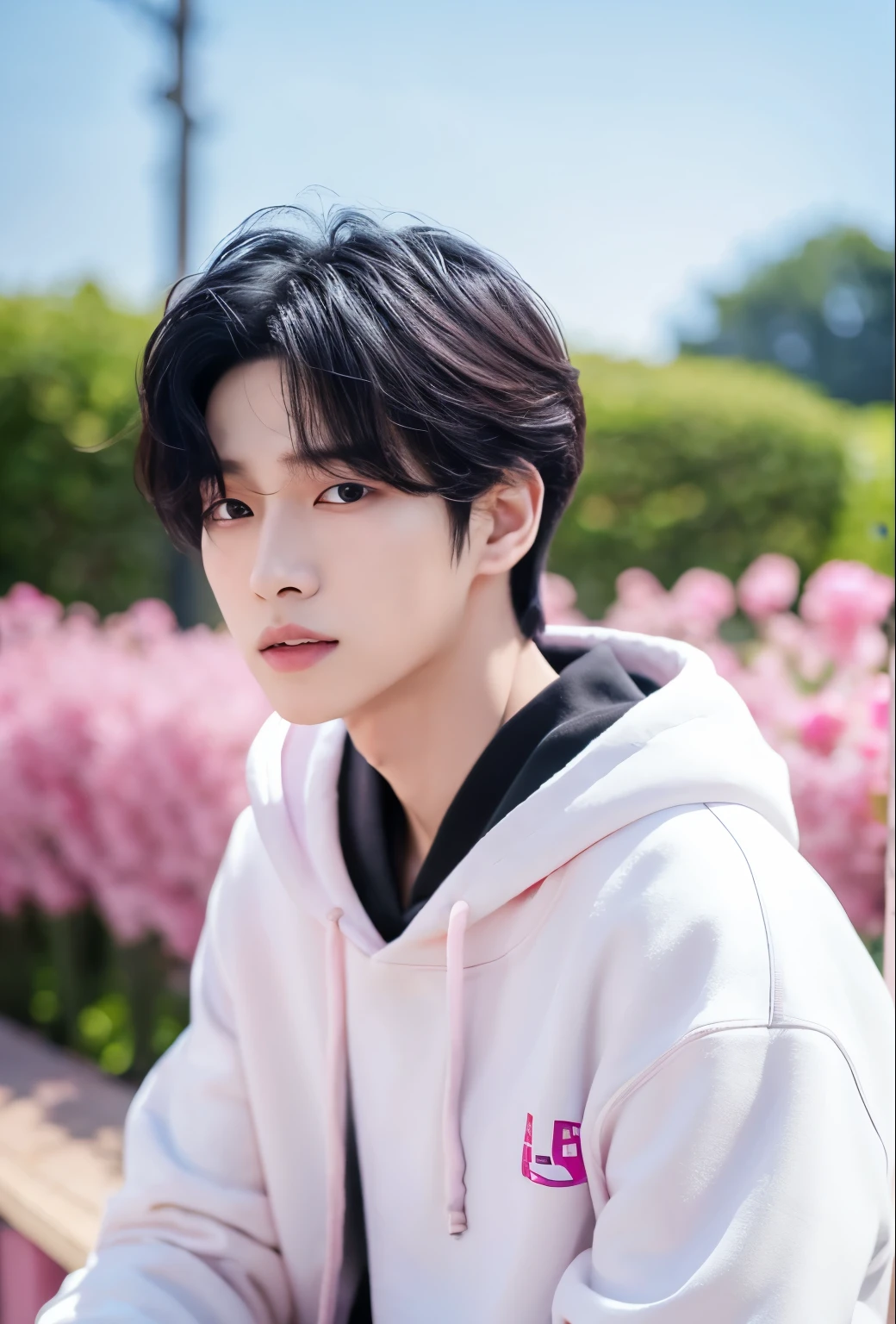 arafed male in a white jacket and pink shirt standing on a bench, with black hair, male ulzzang, kim doyoung, cute boy with short black hair, cai xukun, hong june hyung, koyoharu gotouge, black short hair, with short hair, spring day, hyung tae, short pink hair, wearing a pastel black hoodie