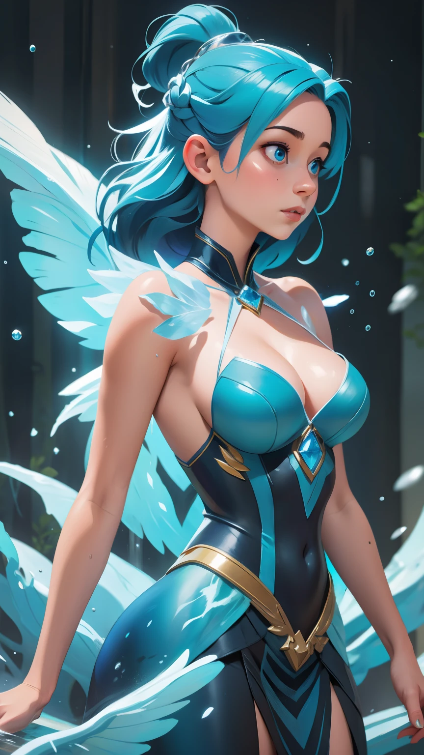 a painting of a woman with blue hair and a blue dress, an airbrush painting by Chris Rahn, Artstation, fantasy art, luminous water elemental, iridescence water elemental, ice sorceress, asian female water elemental, ethereal!!!!!!!, beautiful ancient frost witch, water elemental, ethereal essence, ethereal skin, glowing aura around her