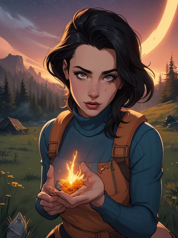 VeronicaCipher portrait mode Cartoon style digital illustration GTA style ((tronco selfie, feliz)), obra de arte, melhor qualidade, ultra-detalhado, Sozinho, ao ar livre, (noite), montanhas, natureza, (estrelas, lua) Alegre, feliz, mochila, saco de dormir, camping stove, garrafa de agua, botas de montanha, luvas, sweater, tem, lanterna, floresta, pedras, rio, madeira, smoke, Sombras, contraste, clear sky, analog style (olhe para o visualizador:1.2) (textura da pele) (film grain:1.3), (tom quente, tom quente) :1.2), fechar-se, Cinematic Light, side lighting, ultra high resolution, melhor sombra, CRU, tronco, , wearing kodak vision 3 pullover,style Cartoon style digital illustration GTA style portrait mode Character woman atompunk style Fallout 4 black hair actress Ella Purnell with battle marks Cartoon image of a woman .Ilustracaoo estilo desenho animado, estilo de arte dos desenhos animados, estilo de arte dos desenhos animados, digital illustration style, estilo atompunk design de personagens altamente detalhado, arte digital detalhada coragem,actress Ella Purnell Forest fan art, Design de cabelos pretos personagens de retrato, beautiful digital illustration, retrato de alta qualidade, Arte em quadrinhos, mulher jovem cabelo com transas lindas . Eyelined eyes Medium large bust and wonderful sexy clothes. image expression of sexual desire from waist to head illustration atompunk style Fallout 4 The perspective is from below, enfatizando a majestade e o poder da Gigante."atriz Ella Purnell cabelos pretos uma mulher de