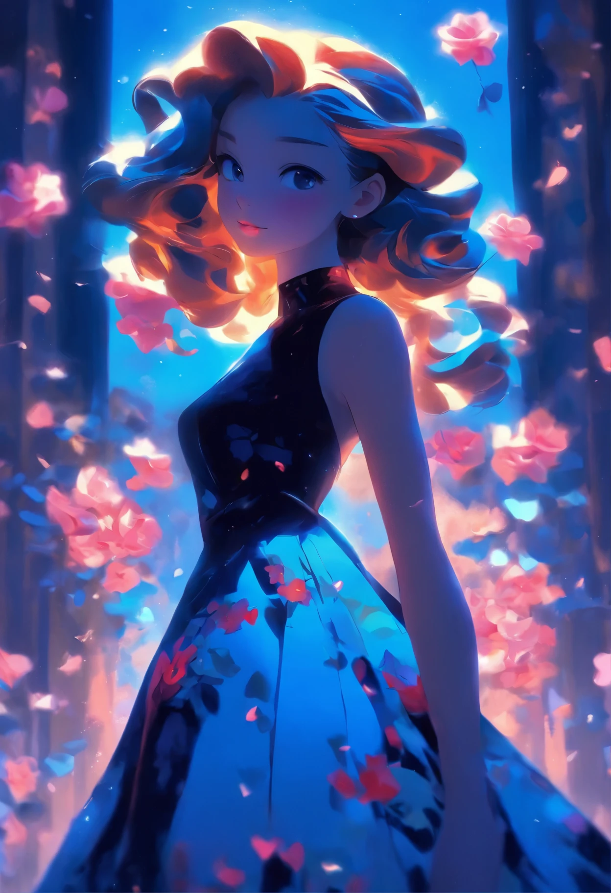 woman in black dress, Cute girl in a beautiful dress, Beautiful full body concept art, Beautiful and charming woman, Woman full body art, guweiz, beautiful woman, Digital art on pixiv, Full body illustration, Kushat Krenz Key Art Women, full body xianxia, Delicate face Gorgeous face Delicate face, Blue Rose Theme , Blue rose petals