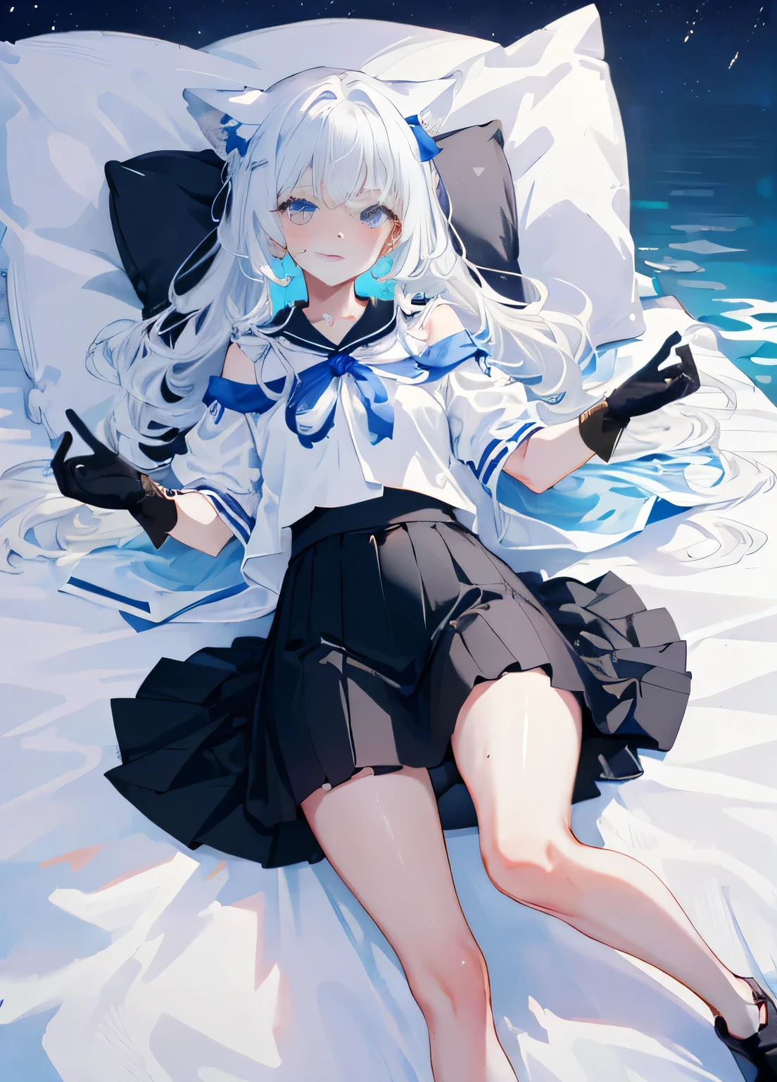 white hair, Bare legs, white silk, White shirt，juvenile，White hair，Long legs，A face full of despair，Soaked，Sweat all over my body,Damaged clothes,Navel,Short skirt，Be done into puffs，（There is a white transparent liquid on the body），Lying in bed，Open your legs，individual,pixiv,Exquisite facial features,Perfect face,8K,high resolution,high quality,High Detail,boy,Long hair,Wolf Tail,Sexy,Blushing,Underwear,Damaged clothing,Black silk white silk,Exquisite headdress,Ribbon,Gloves,Nice day,Night Sky,Full body shot,Depth of Field,Beautiful wallpaper,Flowing hair,Pleated Skirt,超Short skirt,（Pubic lines），（Leg lines），Off-shoulder，clavicle，Clothes reduction，Expose，
