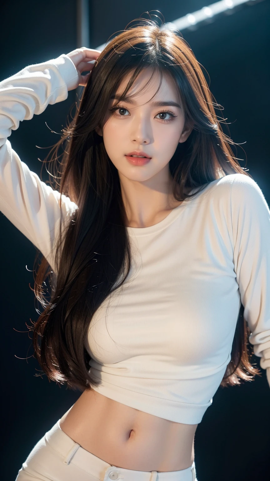 ((1 girl, Show half Body)). Ultra HD, Ultra-detailed, Highly Detailed, Ultra High Realistic, Ultra-realistic, Masterpiece:1.5, illustration:1.1, best quality:1.5, realistic, photorealistic, fine detail, perfect detail, sharp color, 4k, 8k, HDR, sharp focus, smooth detail, high resolution. (Anatomically Correct), (Detailed Realistic Skin Texture). slim body. A beautiful woman wearing long sleeves shirt and pants. dark background. Long black hair with bangs, Beautiful face, closed mouth, closed lips, detailed face, Beautiful eyes, perfect symmetrically perfect eyes. Wearing (makeup), blush, lipstick, glossy lips, eyeshadow, eyelashes. bright lights, neon lights, flashlights. Smirking at the camera.