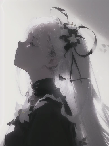 (White background:1.4),(Silhouette of a girl's head, Close eyes, white long hair, ), Bright Gray Eyes, flowers on hair,( Smart Design, Sharp lines, High sharpness,top quality, very detailed, masterpiece, lighting effects in cinema, 4K )pure White background