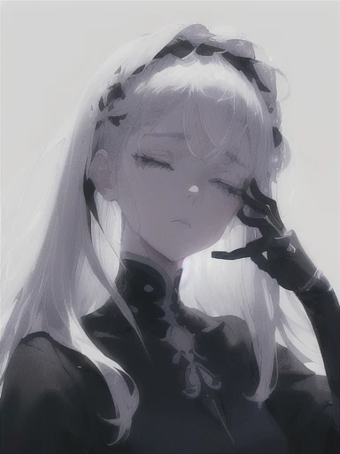 (White background:1.4),(Silhouette of a girl's head, Close eyes, white long hair, ), Bright Gray Eyes, flowers on hair,( Smart Design, Sharp lines, High sharpness,top quality, very detailed, masterpiece, lighting effects in cinema, 4K )pure White background