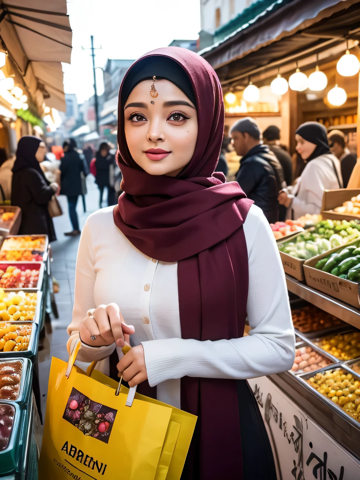 A beauty Aishwarya Rai with hijab, holding a handbag, shopping in the market, beautiful detailed eyes, beautiful detailed lips, extremely detailed eyes and face, long eyelashes, cheerful expression, perfect hands, handbag in hand, shopping in a vibrant market, exotic spices and colorful fruits and vegetables, atmospheric lighting, deep and warm color tones, traditional market setting, authentic and lively atmosphere, creative stall displays, interaction with friendly vendors, smiling faces, and bustling crowd, local architecture and cultural elements in the background, (best quality, 4k, 8k,highres, masterpiece:1.2), ultra-detailed, (realistic, photorealistic, photo-realistic:1.3), (full body portrait), tall background