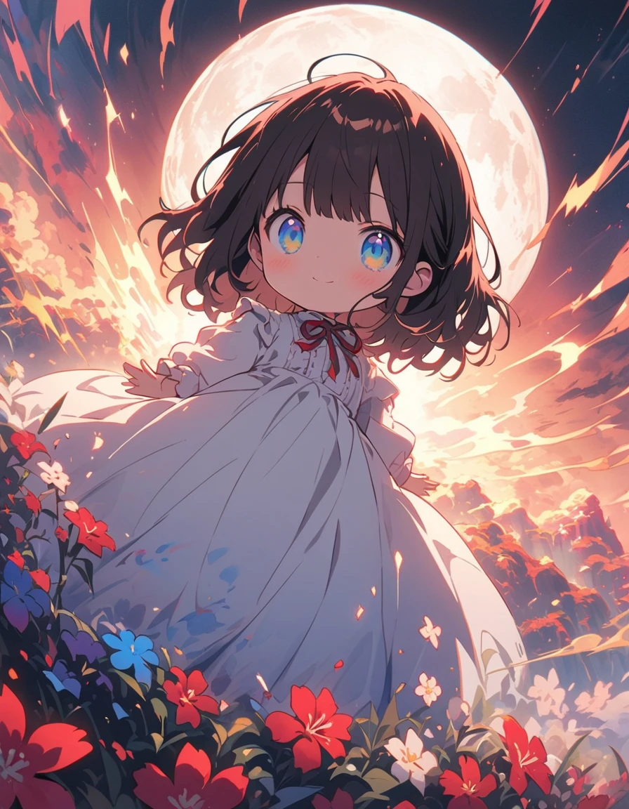 (masterpiece),(highest quality), figure, (Fantasy:1.4), Brown long hair, Long eyelashes, Round eyes, A light smile, Surrealism, Cast a Shadow, Anaglyph, Stereogram, Atmospheric perspective, 8k, Super Detail, Accurate, highest quality, 超High resolution, Textured skin, Long dress, moon, Flowers , paper_cut、(highest quality、masterpiece、High resolution、detailed)、animeスタイル、Flat Style、(Shining Eyes、detailed美しい顔), BREAK,1 girl、extremely detailed(The Shining), Best lighting, Best Shadow、floating, (High saturation),Dynamic Angle、anime