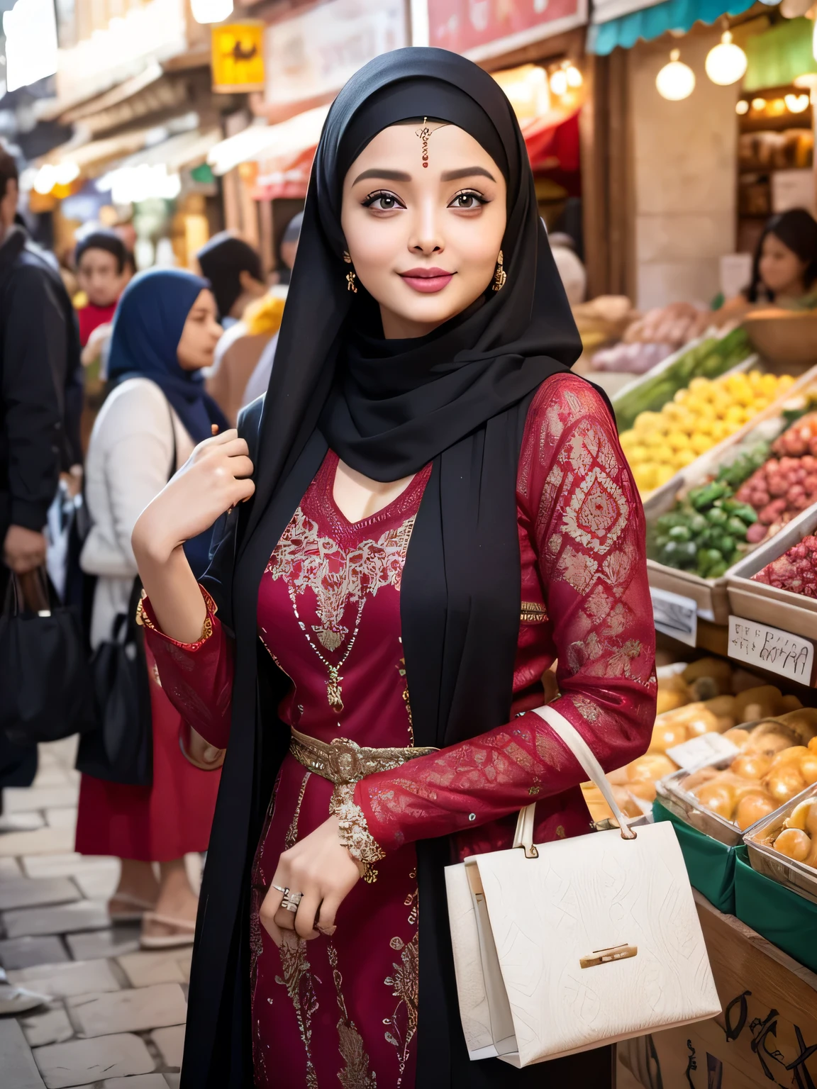 A beauty Aishwarya Rai with hijab, holding a handbag, shopping in the market, beautiful detailed eyes, beautiful detailed lips, extremely detailed eyes and face, long eyelashes, cheerful expression, perfect hands, handbag in hand, shopping in a vibrant market, exotic spices and colorful fruits and vegetables, atmospheric lighting, deep and warm color tones, traditional market setting, authentic and lively atmosphere, creative stall displays, interaction with friendly vendors, smiling faces, and bustling crowd, local architecture and cultural elements in the background, (best quality, 4k, 8k,highres, masterpiece:1.2), ultra-detailed, (realistic, photorealistic, photo-realistic:1.3), (full body portrait), tall background