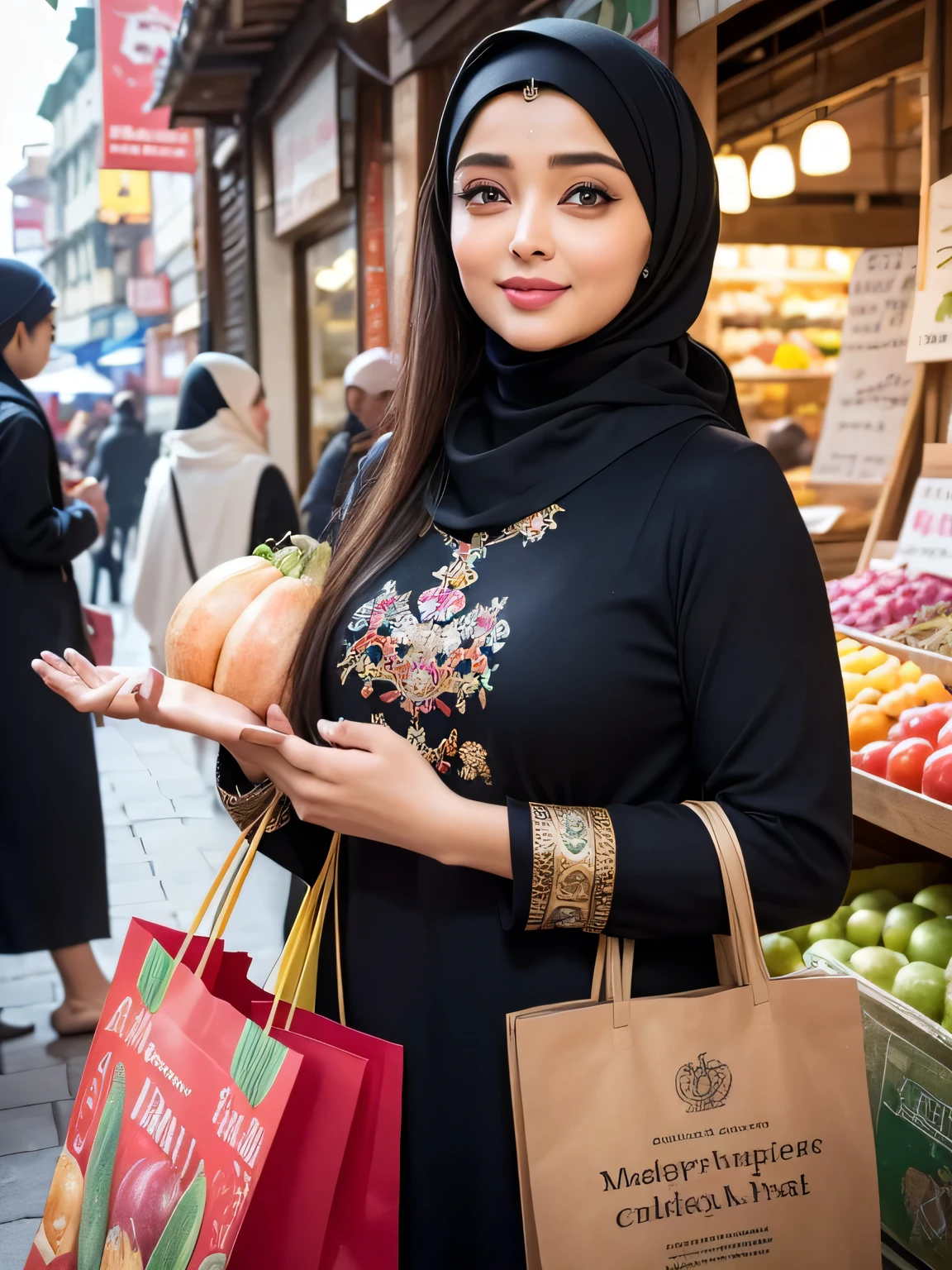 A beauty Aishwarya Rai with hijab, holding a handbag, shopping in the market, beautiful detailed eyes, beautiful detailed lips, extremely detailed eyes and face, long eyelashes, cheerful expression, perfect hands, handbag in hand, shopping in a vibrant market, exotic spices and colorful fruits and vegetables, atmospheric lighting, deep and warm color tones, traditional market setting, authentic and lively atmosphere, creative stall displays, interaction with friendly vendors, smiling faces, and bustling crowd, local architecture and cultural elements in the background, (best quality, 4k, 8k,highres, masterpiece:1.2), ultra-detailed, (realistic, photorealistic, photo-realistic:1.3), (full body portrait), tall background