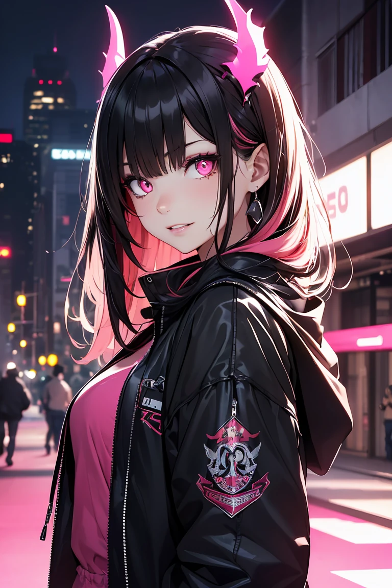 ((1 girl)), Latest Trends in Clothing, Street fashion,Cowboy Shot,((Very detailed,highest quality, High resolution, 8k wallpaper, Beautiful clothes,)),((Jet black hair, Long Hair,Straight hair,Both sides up)) ,(Deep red eyes),It has two red, twisted horns on its head., Double teeth, Wicked Smile, eye shadow, eyeliner,Glow Eye, Very detailedな目, Complex eyes, Beautiful Eyes, ((Glowing pink eyes)),