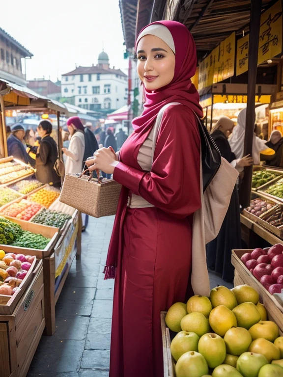 A beauty Kareena Kapoor with hijab, holding a handbag, shopping in the market, beautiful detailed eyes, beautiful detailed lips, extremely detailed eyes and face, long eyelashes, cheerful expression, perfect hands, handbag in hand, shopping in a vibrant market, exotic spices and colorful fruits and vegetables, atmospheric lighting, deep and warm color tones, traditional market setting, authentic and lively atmosphere, creative stall displays, interaction with friendly vendors, smiling faces, and bustling crowd, local architecture and cultural elements in the background, (best quality, 4k, 8k,highres, masterpiece:1.2), ultra-detailed, (realistic, photorealistic, photo-realistic:1.3), (full body portrait), tall background