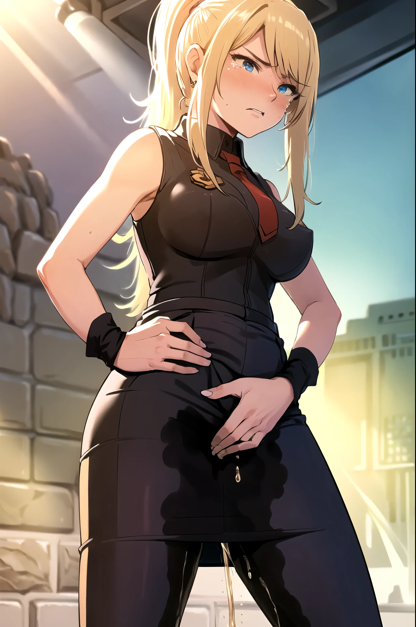 samus aran, facing viewer, ponytail, large breasts, hair tie, black suit, black business outfit, necktie, (long pencil skirt:1.5), pantyhose, (standing straight1.5), peeing herself, (wetting herself:1.5), very large peeing stain, huge pee stain, best quality, ultra-detailed, HDR, studio lighting, professional, vivid colors, sharp focus, physiologically-based rendering, bokeh, landscape, soft lighting, dynamic shadows, (hands on hips:2.0), embarrassed, humiliation, blushing, angry, tears, (desert:1.5), (sand:1.5), rocks, (canyon:1.5), (day:1.5), (daytime:1.5)