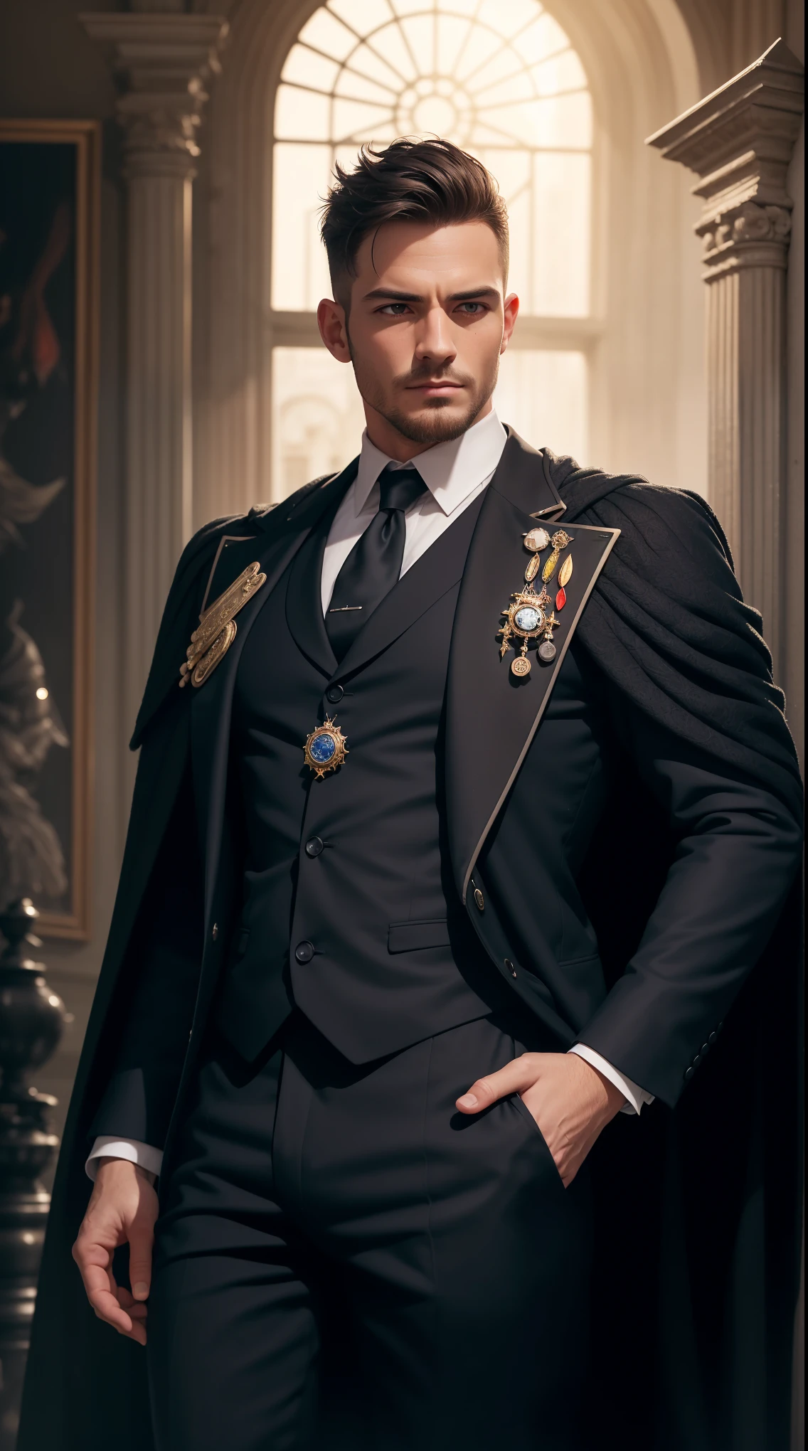 "((photorealism, high quality, detailing)), ((half of the body)) Strong man, Male appearance, Majestic magician-alchemist, short dark hair, A European view, modernity, 21st century, Stylish black suit, long black cloak, magical atmosphere".