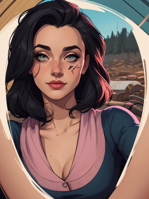 VeronicaCipher portrait mode Cartoon style digital illustration GTA style ((tronco selfie, feliz)), obra de arte, melhor qualidade, ultra-detalhado, Sozinho, a close-up, Cartoon style, GTA-style digital illustration of a bunch of different women with different hairstyles, arte do personagem Charlie Bowater, character headshot concept art, Estilo de arte de Charlie Bowater, arte de retrato de personagem, Arte impressionante de personagens, game characters head designs, pintura de desenhos de personagens, design de personagens de alta qualidade, penteados femininos, character illustrations, neoartcore e charlie bowater, estilo de charlie bowaterestmontanha, luvas, sweater, tem, lanterna, floresta, pedras, rio, madeira, smoke, Sombras, contraste, clear sky, analog style (olhe para o visualizador:1.2) (textura da pele) (film grain:1.3), (tom quente, tom quente) :1.2), fechar-se, Cinematic Light, side lighting, ultra high resolution, melhor sombra, CRU, tronco,  , wearing kodak vision 3 pullover,style Cartoon style digital illustration GTA style portrait mode Character woman atompunk style Fallout 4 black hair actress Ella Purnell with battle marks Cartoon image of a woman .Ilustracaoo estilo desenho animado, estilo de arte dos desenhos animados, estilo de arte dos desenhos animados, digital illustration style, estilo atompunk design de personagens altamente detalhado, arte digital detalhada coragem,actress Ella Purnell Forest fan art, Design de cabelos pretos personagens de retrato, beautiful digital illustration, retrato de alta qualidade, Arte em quadrinhos, mulher jovem cabelo com transas lindas . Eyelined eyes Medium large bust and wonderful  clothes. image expression of  desire from waist to head illustration atompunk style Fallout 4 The perspective is from below, enfatizando a majestade e o poder da Gigante."atriz Ella Purnell cabelos pretos uma mulher de