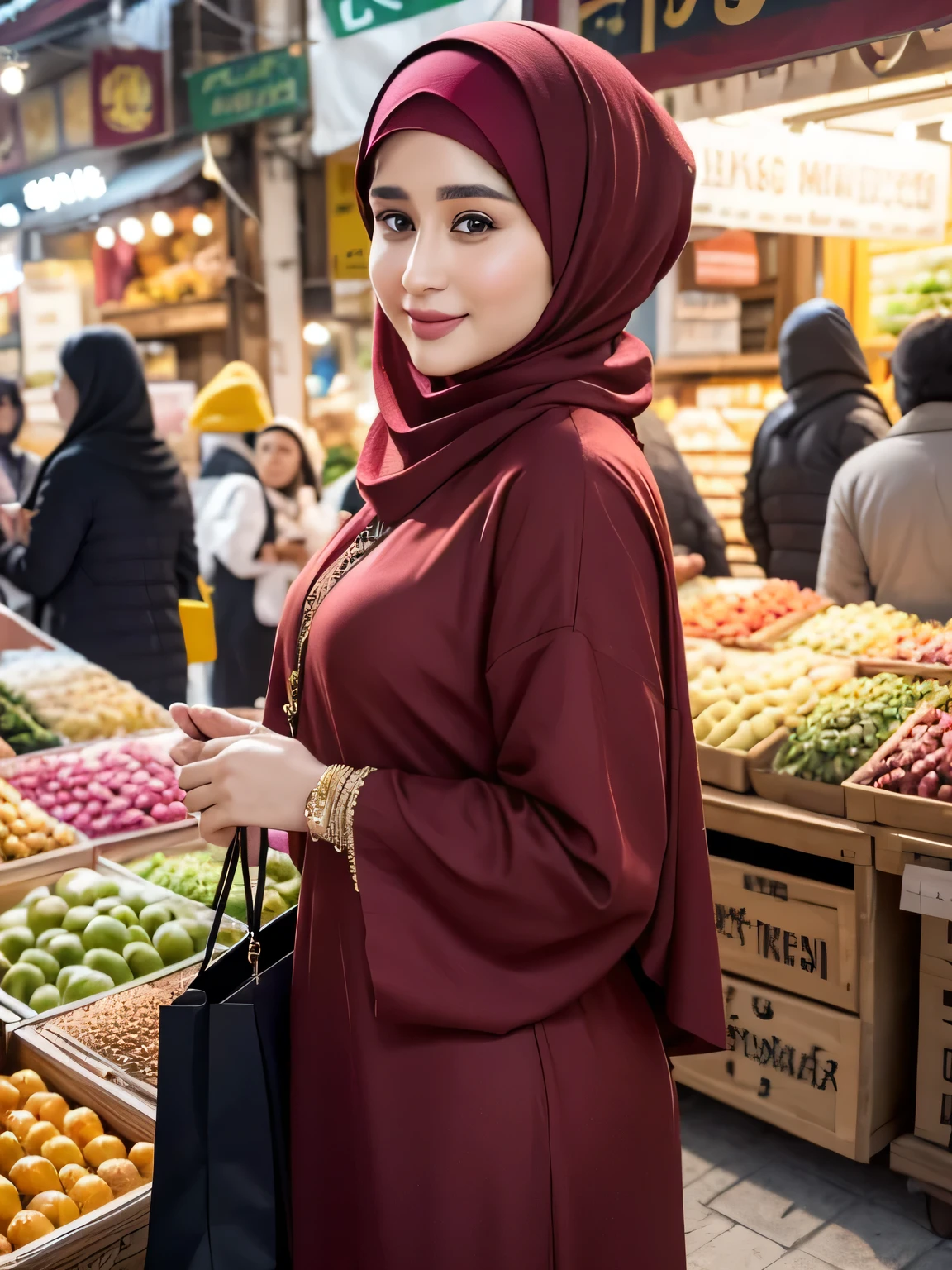 A beauty Kareena Kapoor with hijab, holding a handbag, shopping in the market, beautiful detailed eyes, beautiful detailed lips, extremely detailed eyes and face, long eyelashes, cheerful expression, perfect hands, handbag in hand, shopping in a vibrant market, exotic spices and colorful fruits and vegetables, atmospheric lighting, deep and warm color tones, traditional market setting, authentic and lively atmosphere, creative stall displays, interaction with friendly vendors, smiling faces, and bustling crowd, local architecture and cultural elements in the background, (best quality, 4k, 8k,highres, masterpiece:1.2), ultra-detailed, (realistic, photorealistic, photo-realistic:1.3), (full body portrait), tall background