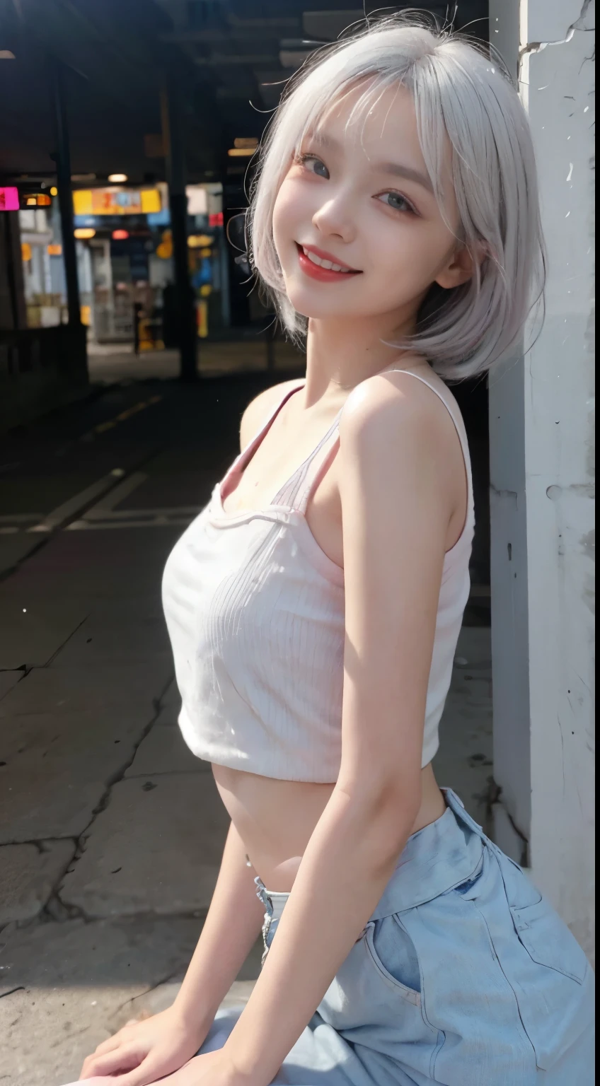 Best image quality、RAW Photos、超A high resolution、21 years old Korean、Small breasts、Dynamic Angle、Cowboy Shot、Chaos in its most beautiful form、elegant、brutalism design、Vibrant colors、Beautiful white hair、Short Bob、smile、fun、smile、Glowing White Skin、Beautiful eyes with random colors、Very thin lips、Beautiful eyes in every detail、length, Narrow eyes、Cheeks are pale pink、length eyelashes、Beautiful double eyelids、eye shadow、Bright white hair、Crop top、Overalls、city、Shooting from the side、Full Body Shot