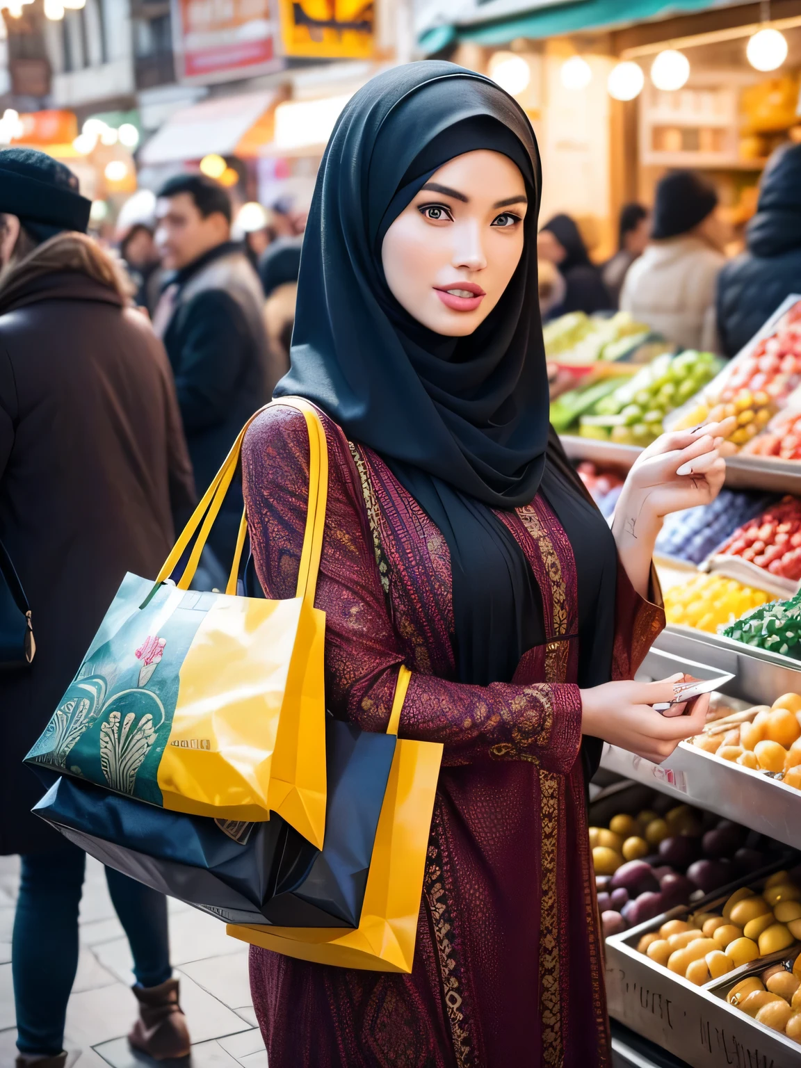 A beauty Megan Fox with hijab, holding a handbag, shopping in the market, beautiful detailed eyes, beautiful detailed lips, extremely detailed eyes and face, long eyelashes, cheerful expression, perfect hands, handbag in hand, shopping in a vibrant market, exotic spices and colorful fruits and vegetables, atmospheric lighting, deep and warm color tones, traditional market setting, authentic and lively atmosphere, creative stall displays, interaction with friendly vendors, smiling faces, and bustling crowd, local architecture and cultural elements in the background, (best quality, 4k, 8k,highres, masterpiece:1.2), ultra-detailed, (realistic, photorealistic, photo-realistic:1.3), (full body portrait), tall background